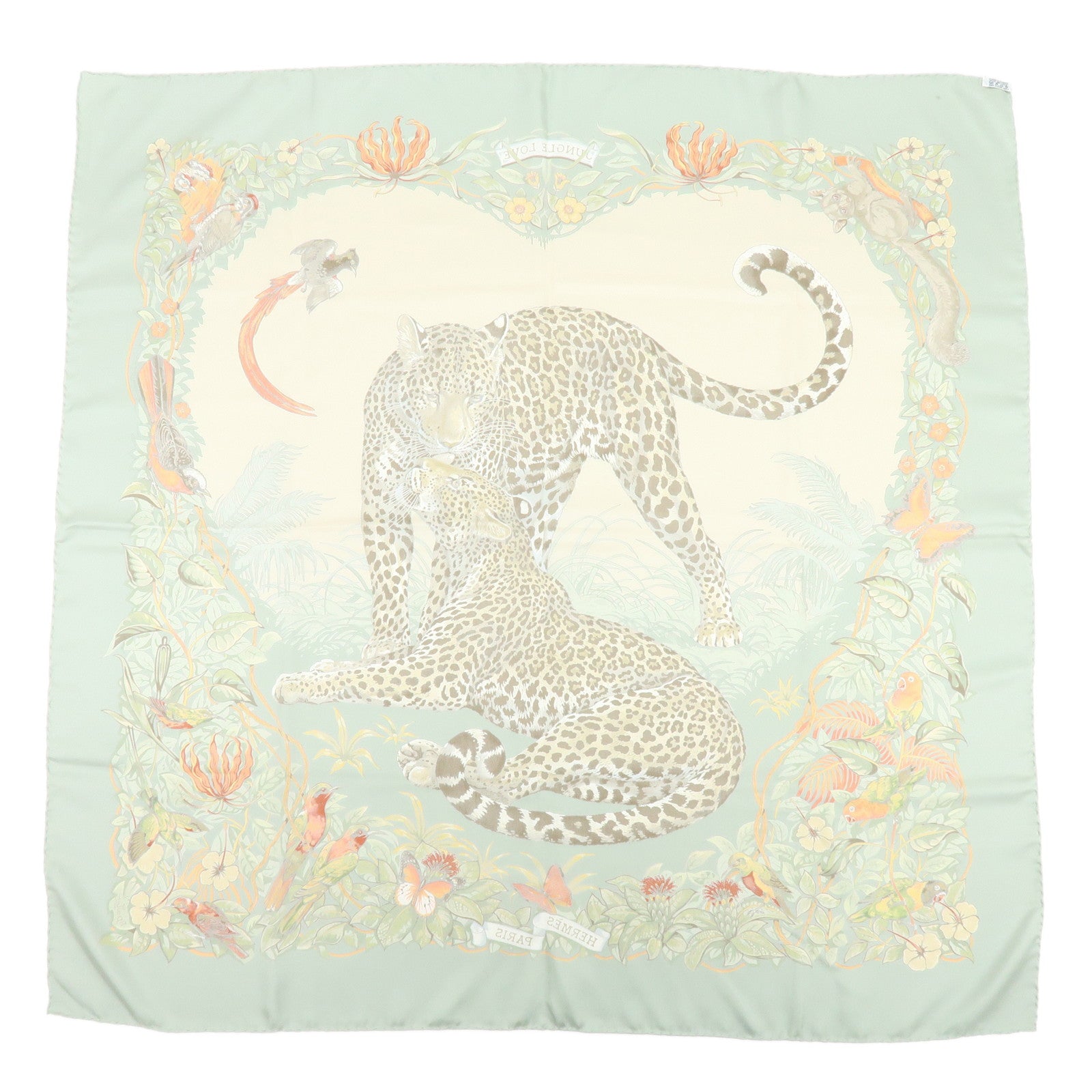 HERMES Carre 90 Silk 100% Scarf JUNGLE LOVE Light Green Ivory