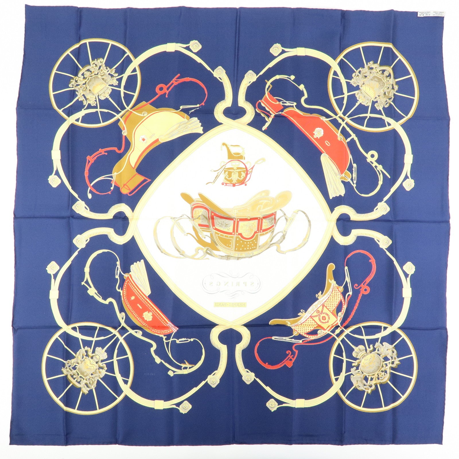 HERMES Carre 90 Silk 100% Scarf SPRINGS Navy Red Yellow White