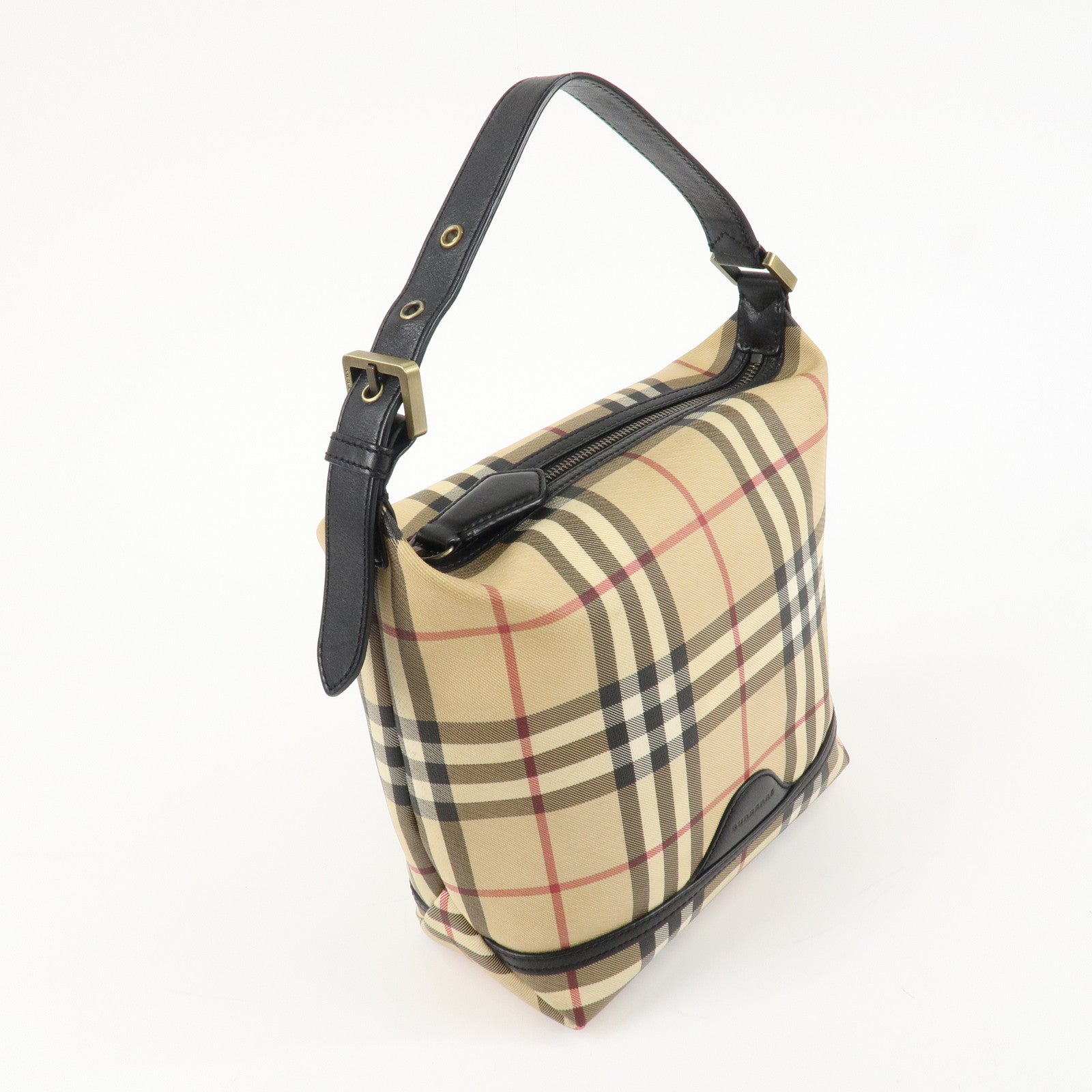 BURBERRY Nova Plaid Canvas Leather Shoulder Bag Hand Bag Beige Black Used