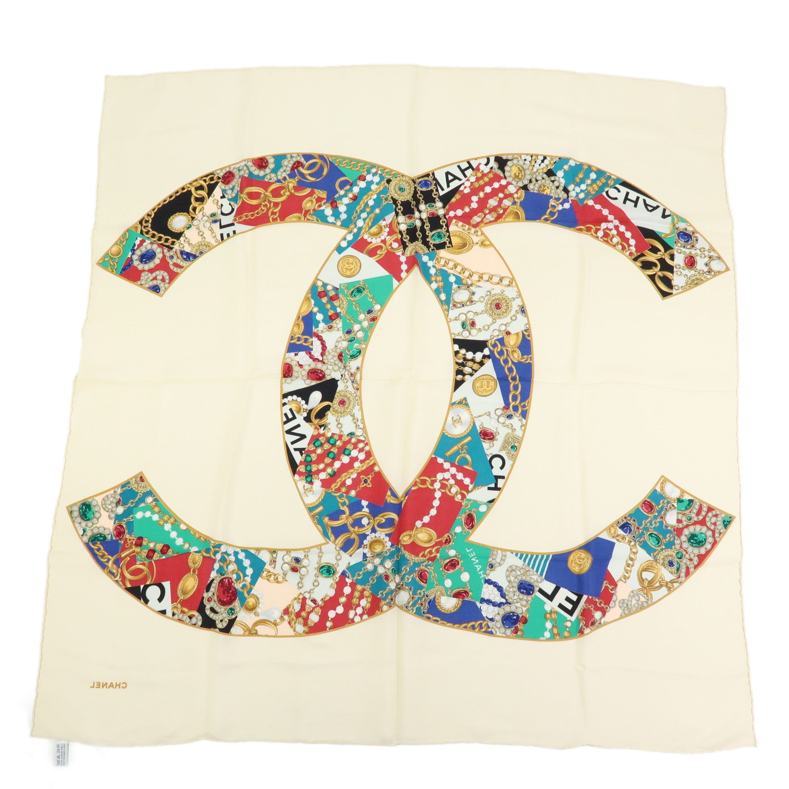 CHANEL COCO Mark Silk 100% Scarf Jewelry Motif Ivory Green