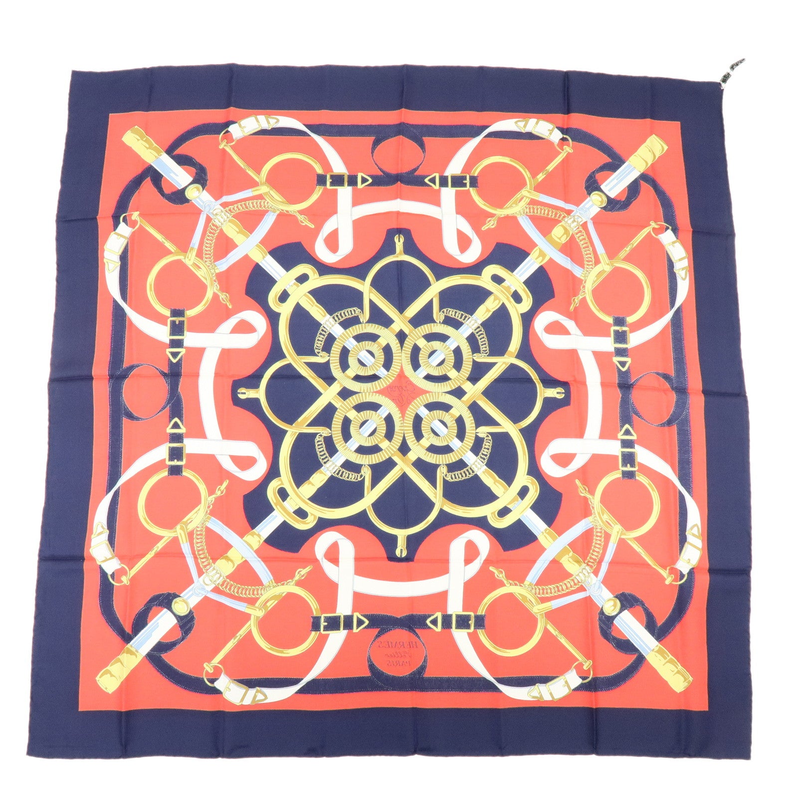 HERMES Carre 90 Silk 100% Scarf  Eperon d'or Navy Red