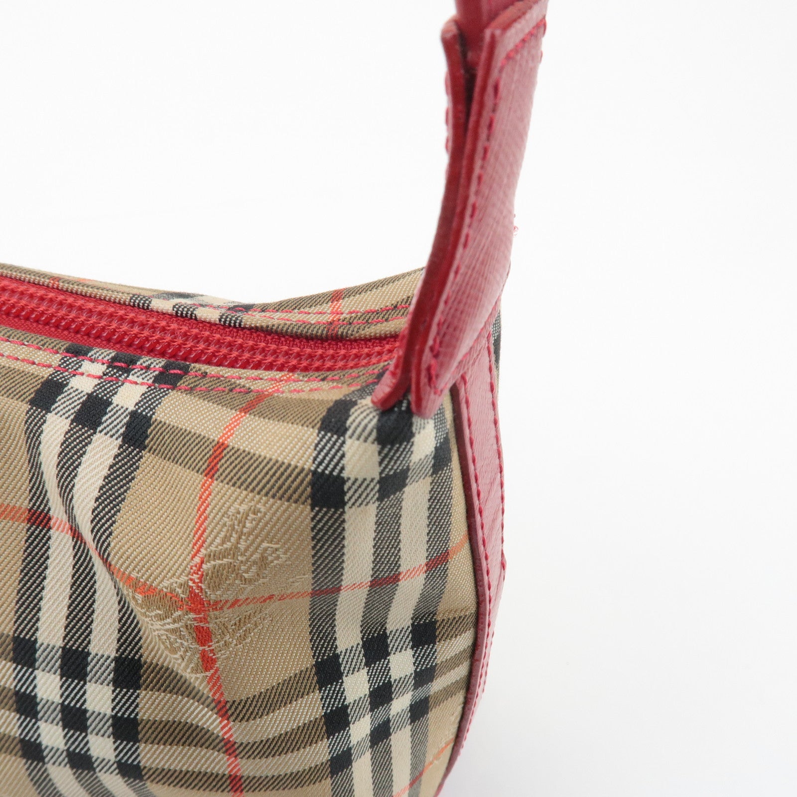 BURBERRY Nova Plaid Canvas Leather Shoulder Bag Red Used