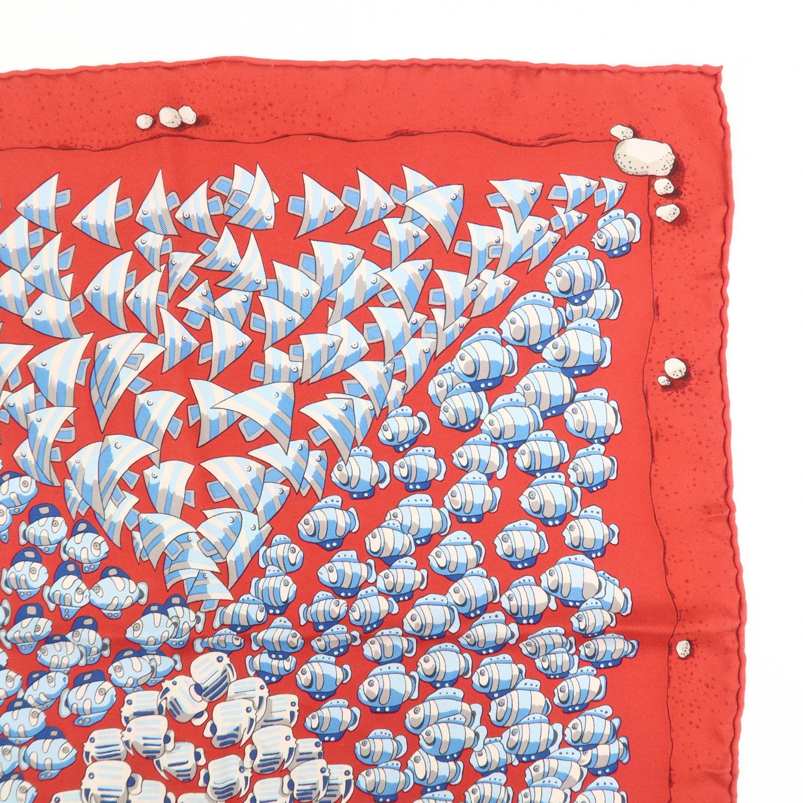 HERMES Carre 40 Silk 100% Mini Scarf Fish Print Red Blue