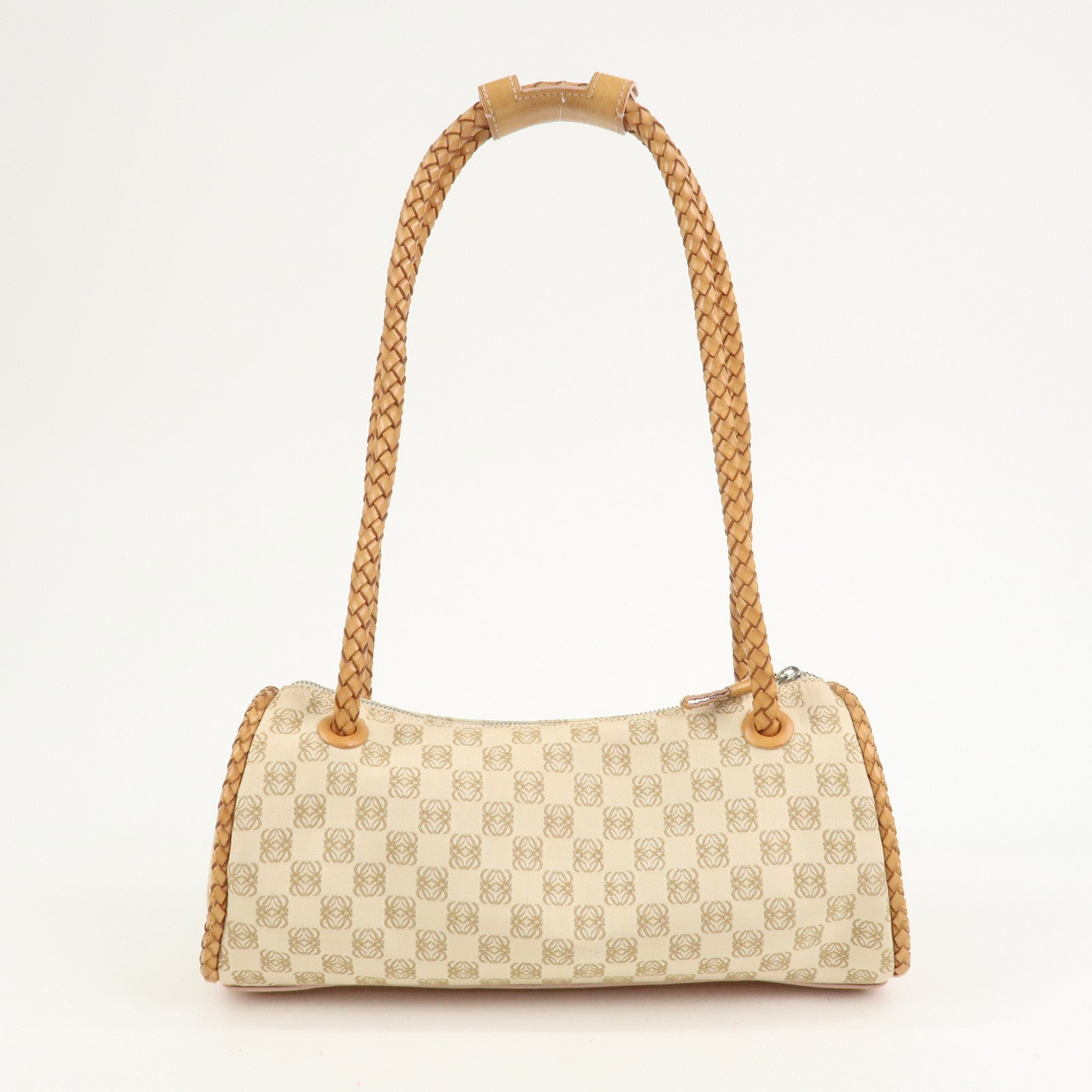 LOEWE Anagram Logo Canvas Shoulder Bag Leather Beige Light Brown