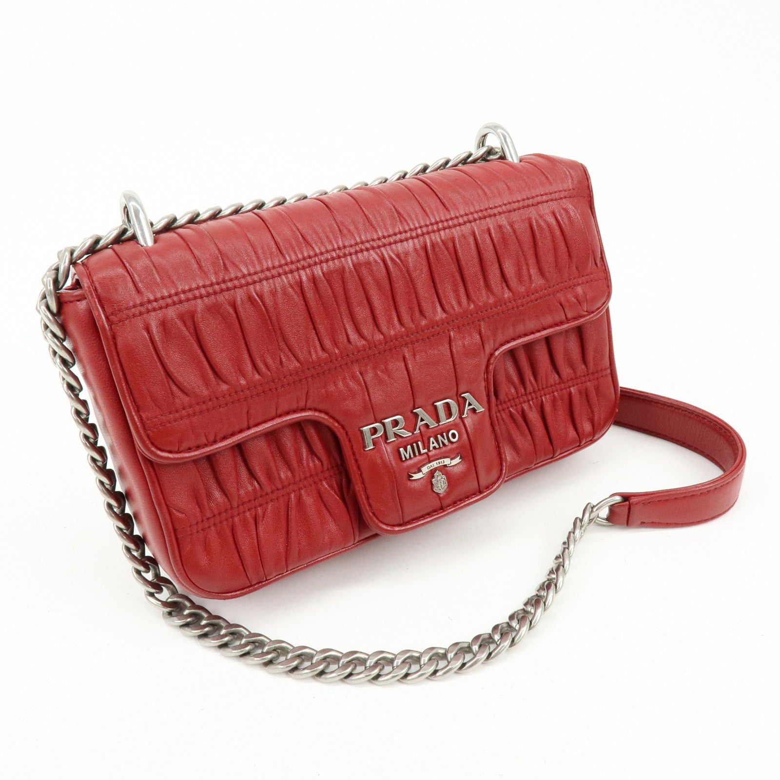 PRADA Nappa Goatskin Leather Chain Shoulder Bag Red 1BD140