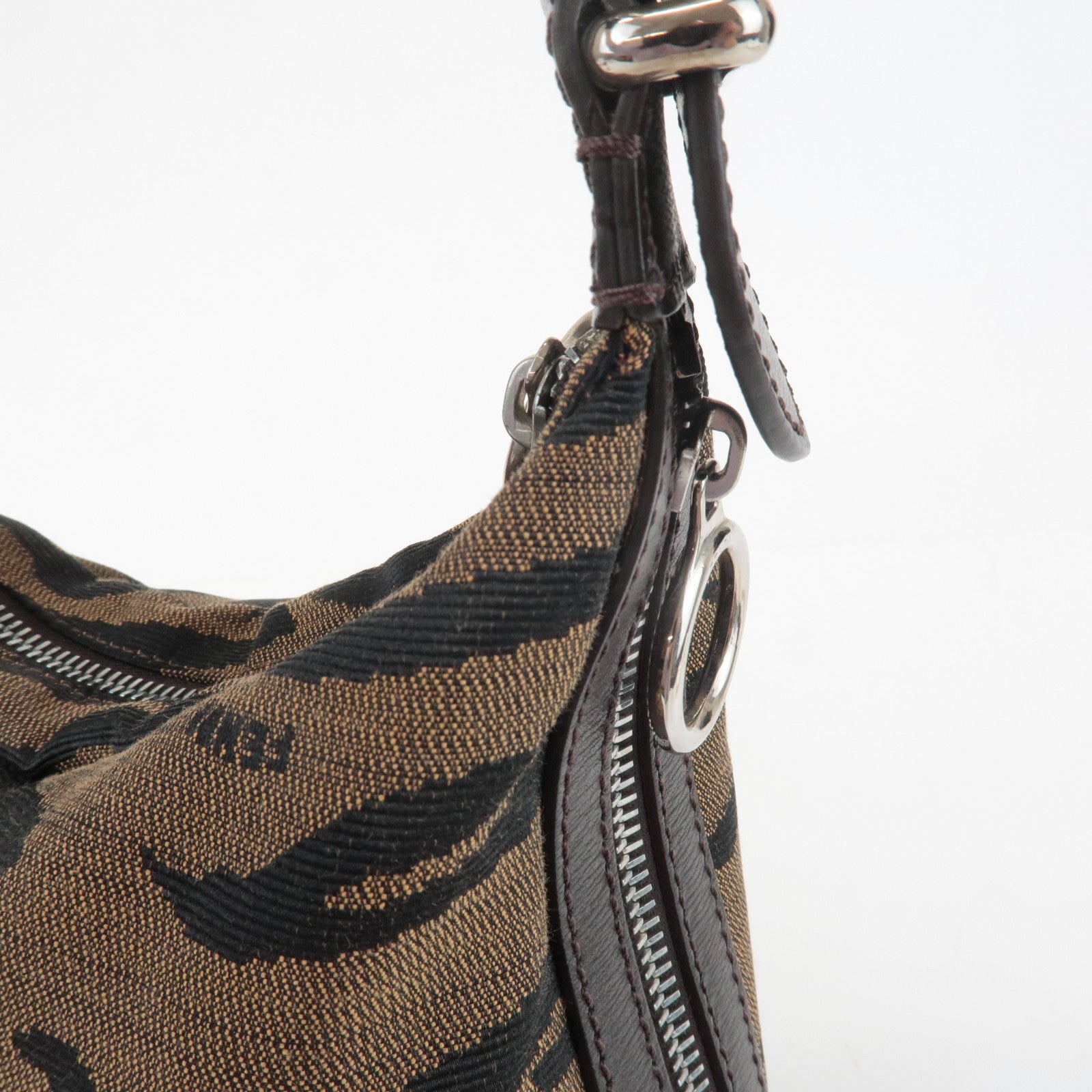 FENDI Zebra Leather Canvas Shoulder Bag Hand Bag Black Brown Used