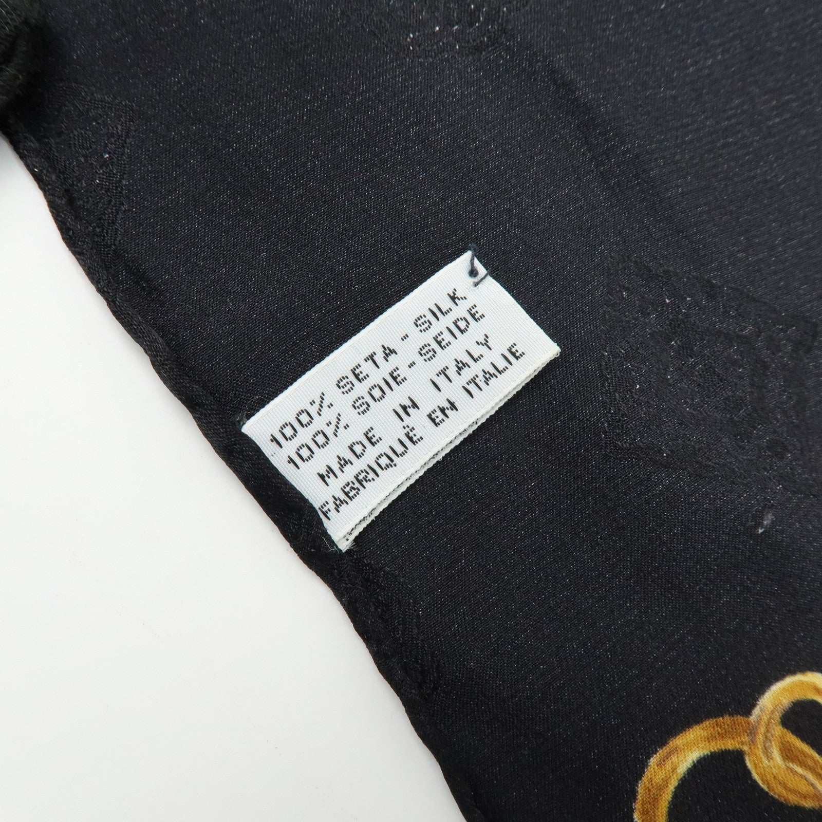 CHANEL Silk 100% Scarf Gold Chain Motif Black White