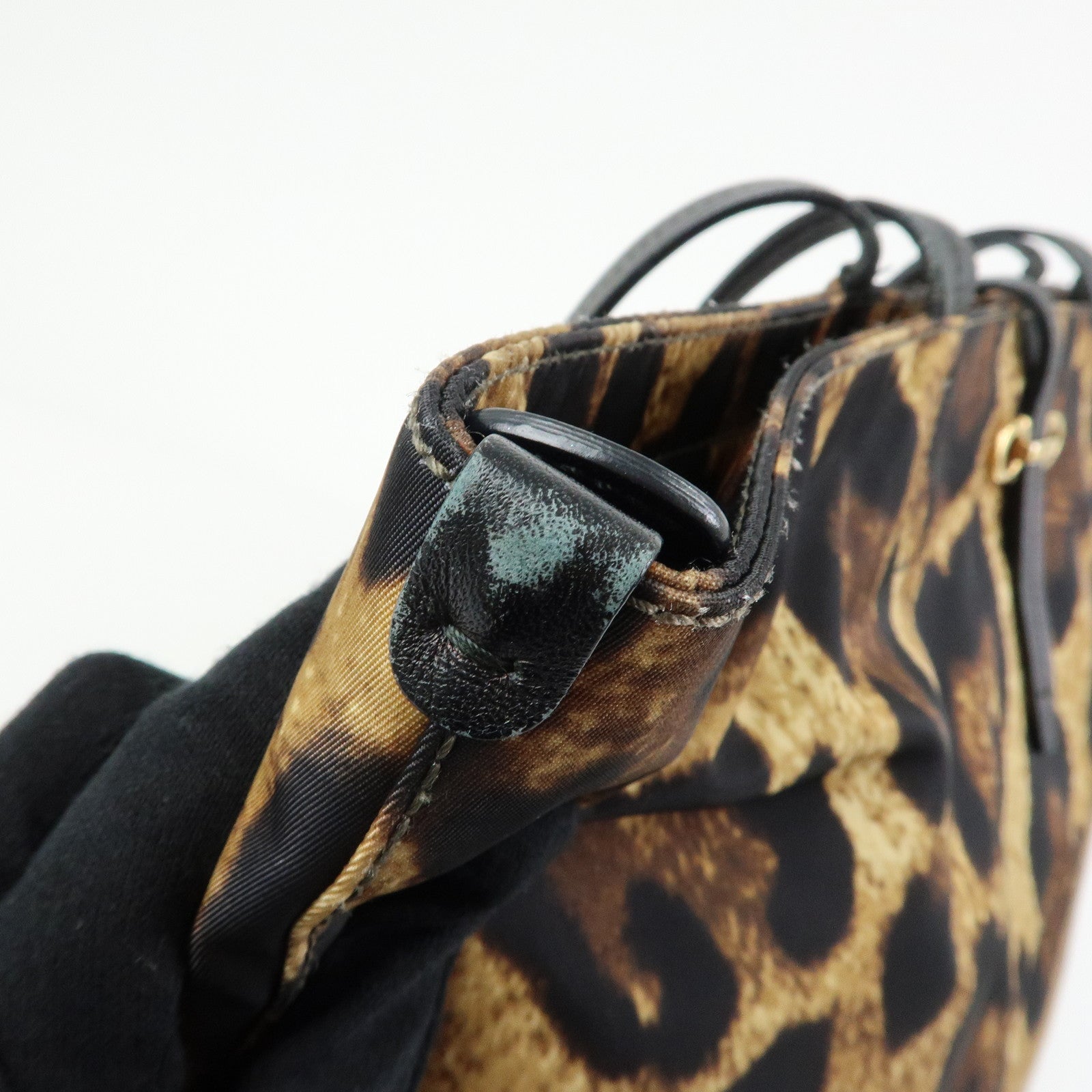 Ferragamo Gancini Nylon Leather Leopard Tote Bag Shoulder Bag Brown
