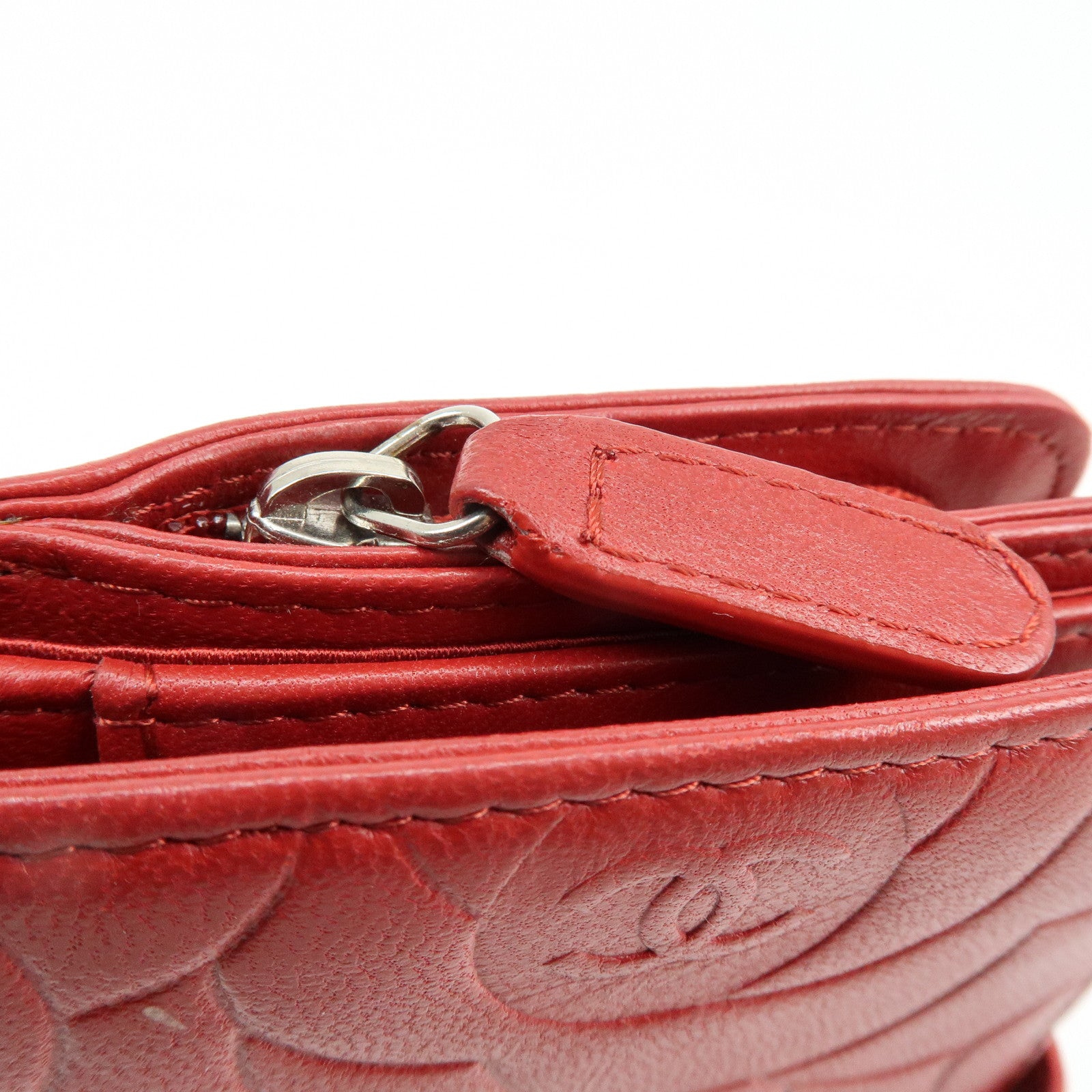 CHANEL Camellia COCO Mark Lamb Skin Bi-fold Compact Wallet Red
