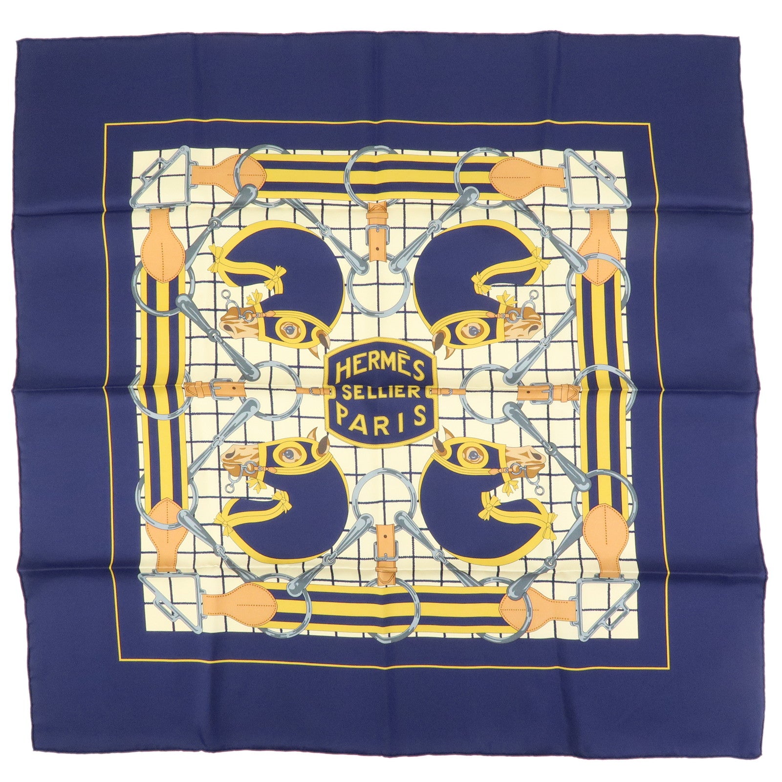 HERMES Carre 70 Silk 100% Scarf Tattersalles Navy Beige