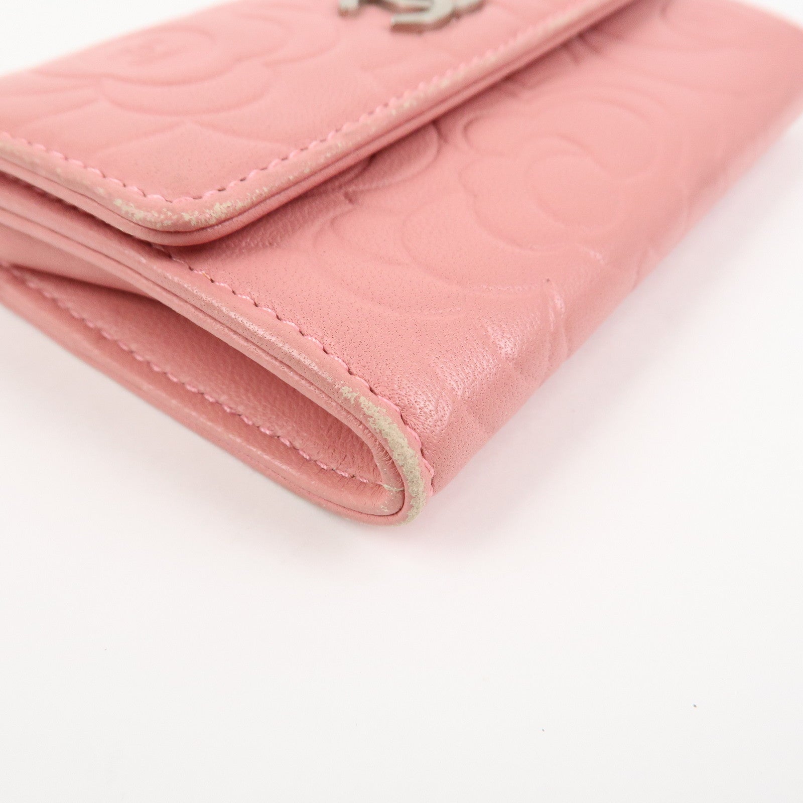 CHANEL Camellia COCO Mark Leather Card Case Card Holder Pink