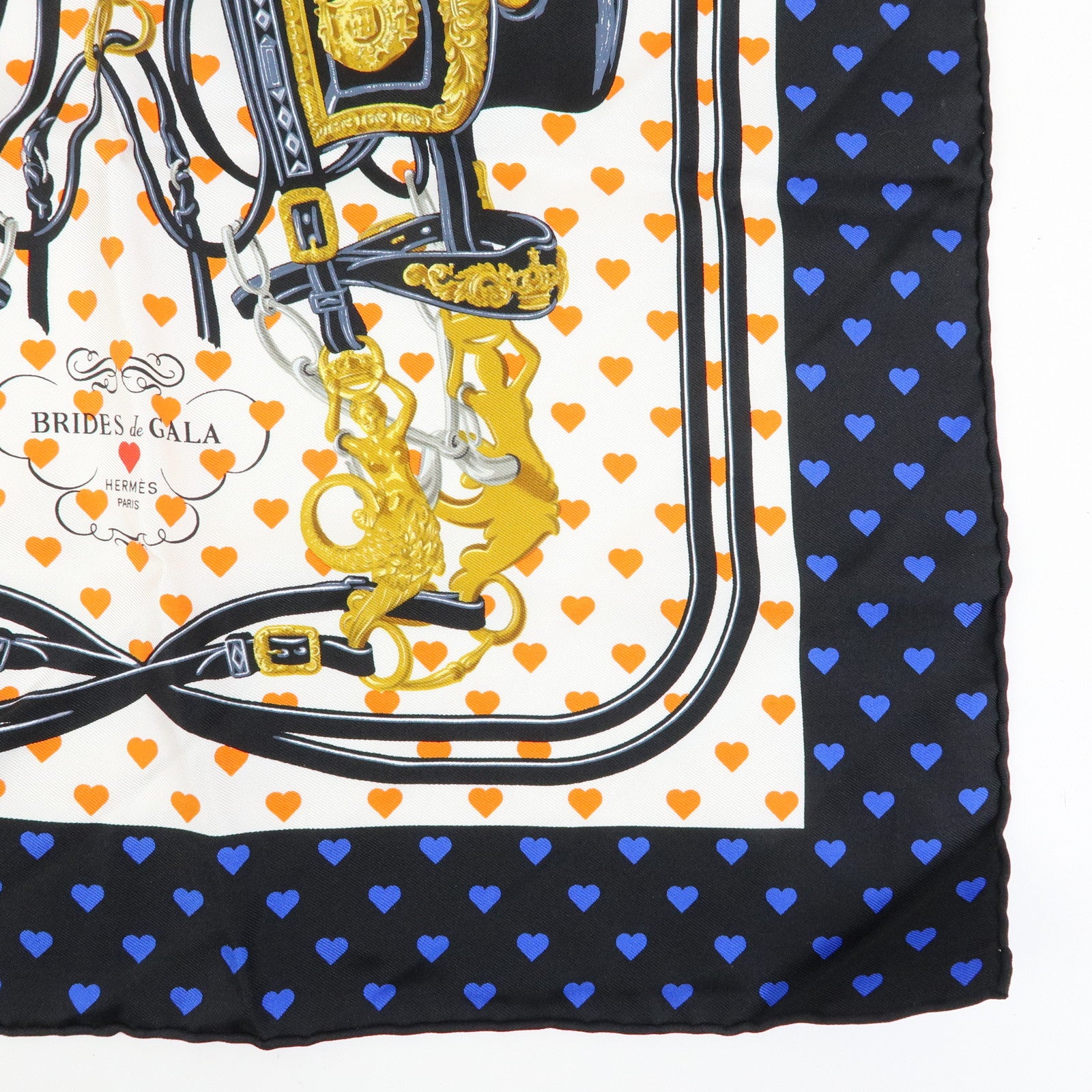 HERMES Carre 42 Silk 100% Scarf BRIDES DE GALA Black Orange