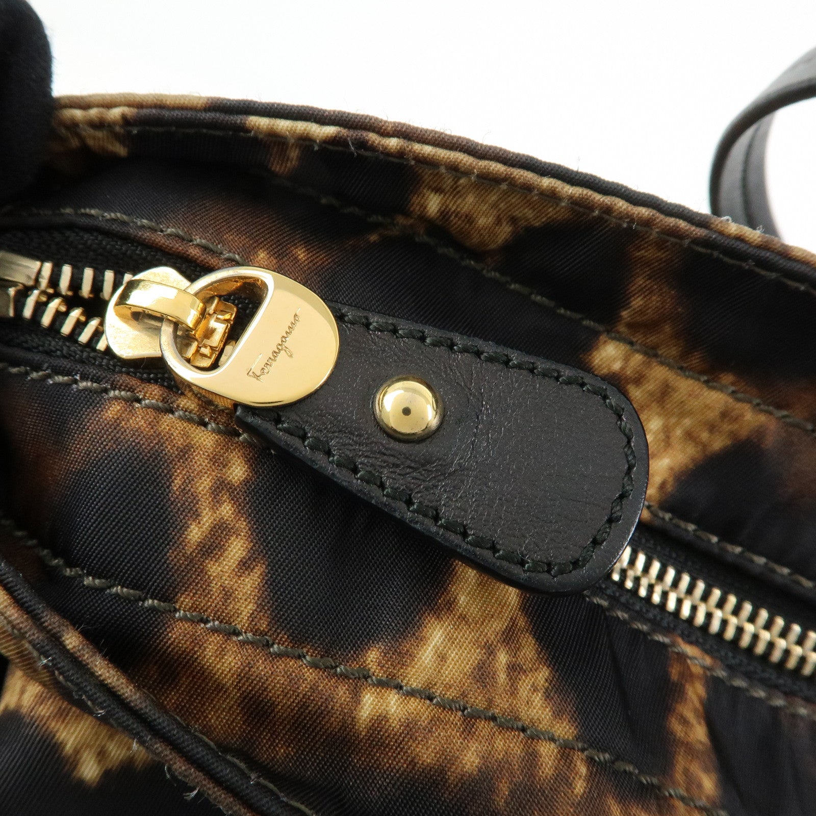 Ferragamo Gancini Nylon Leather Leopard Tote Bag Shoulder Bag Brown