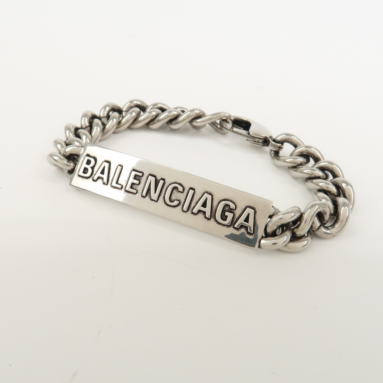 BALENCIAGA Logo Plate Metal Chain Bracelet Silver