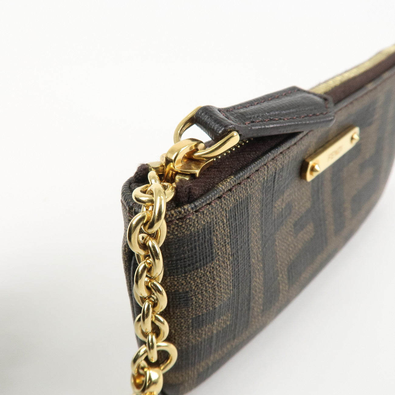 FENDI Zucca Leather PVC Coin Case Key Chain Black Brown 8AP005 Used