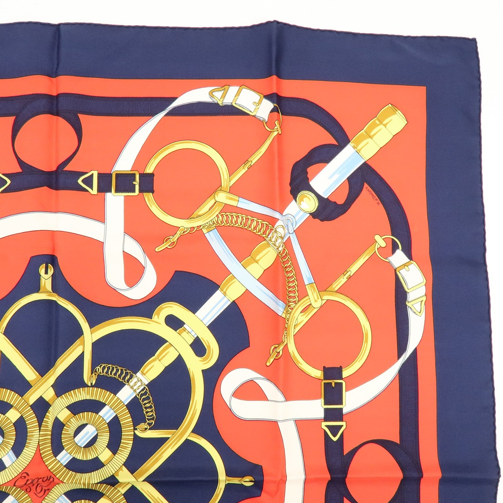 HERMES Carre 90 Silk 100% Eperon d'or Scarf Navy Red