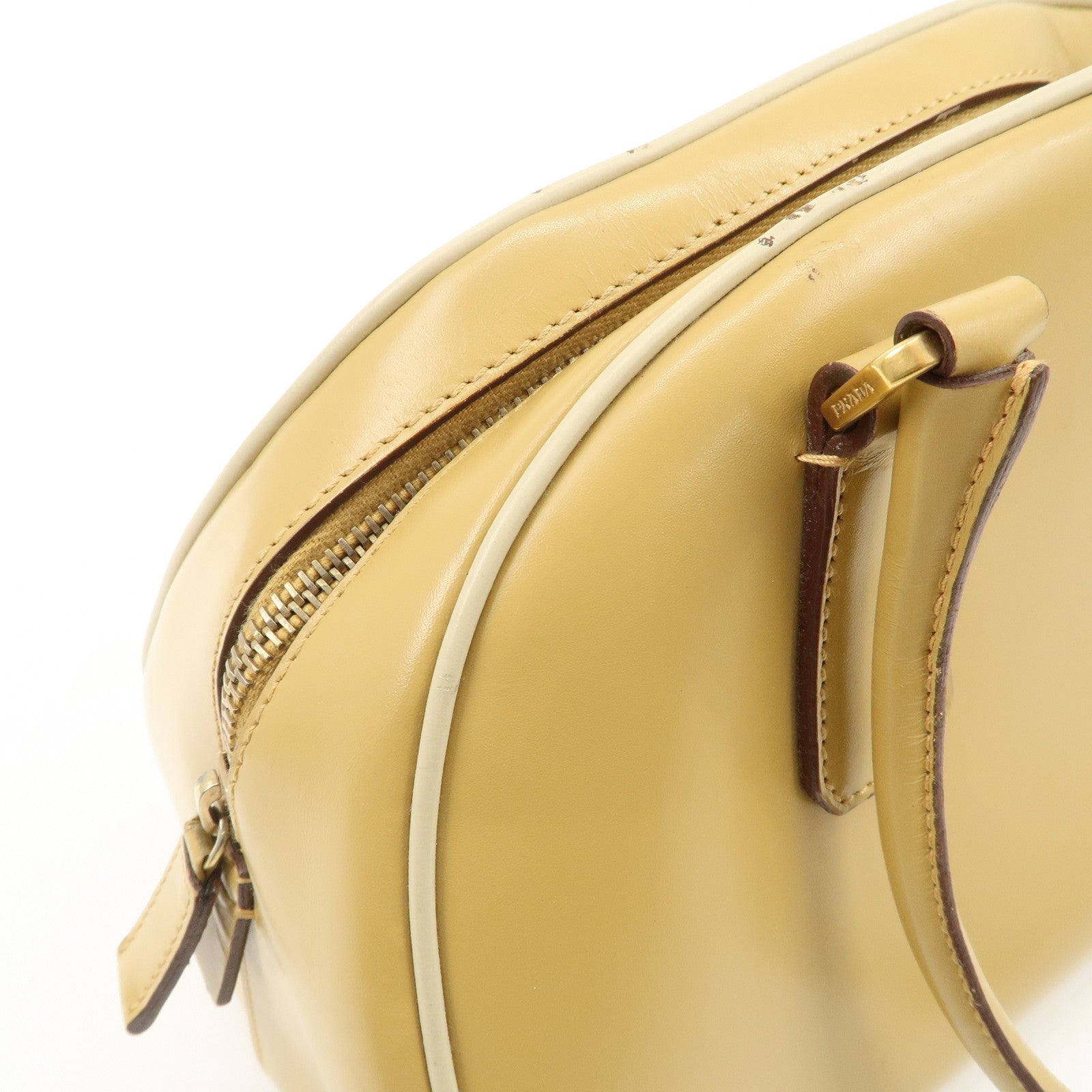 PRADA Leather Bowling Bag Boston Bag Hand Bag Gold HDW Beige