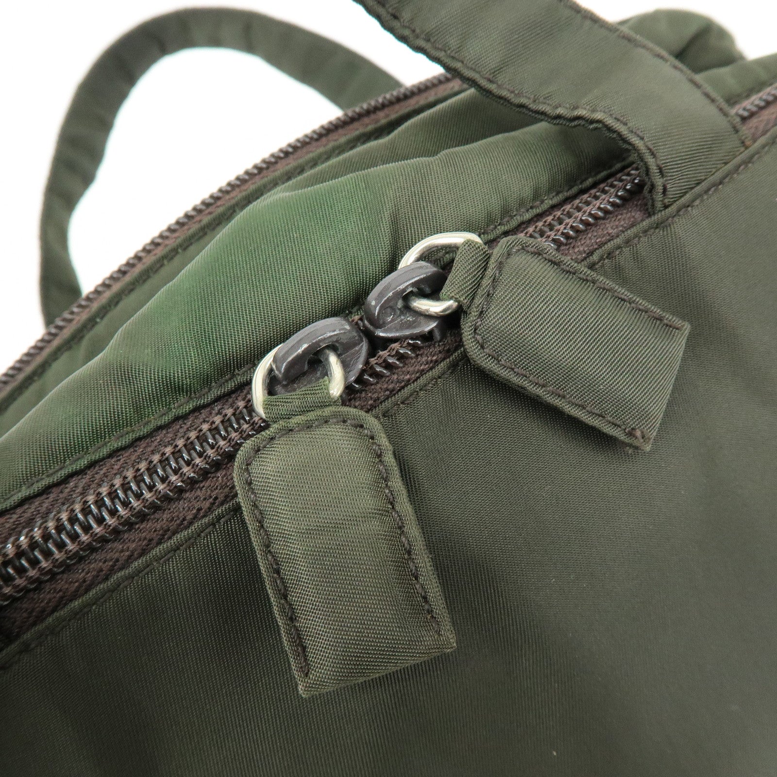 PRADA Triangle Logo Nylon Leather Hand Bag Cosmetic Case Khaki