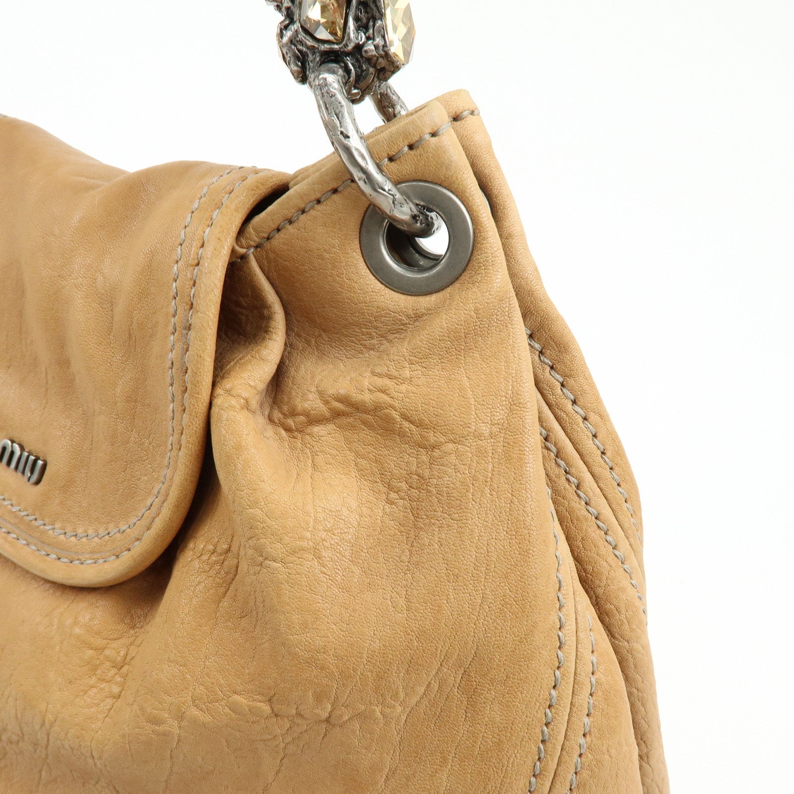 MIU MIU Leather 2Way Bag Hand Bag Shoulder Bag Brown Crystal