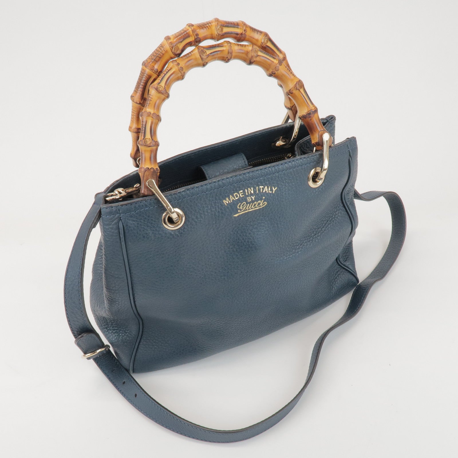 GUCCI Bamboo Calf Leather 2 Way Bag Tote Bag Navy 336032