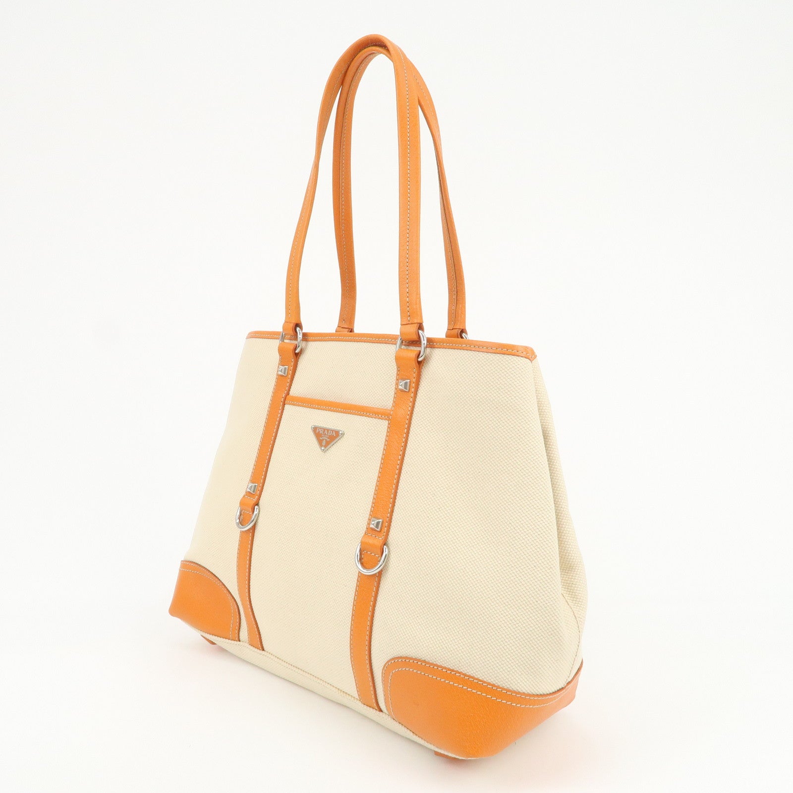 PRADA Triangle Logo Canvas Leather Tote Bag Natural Orange BR2920