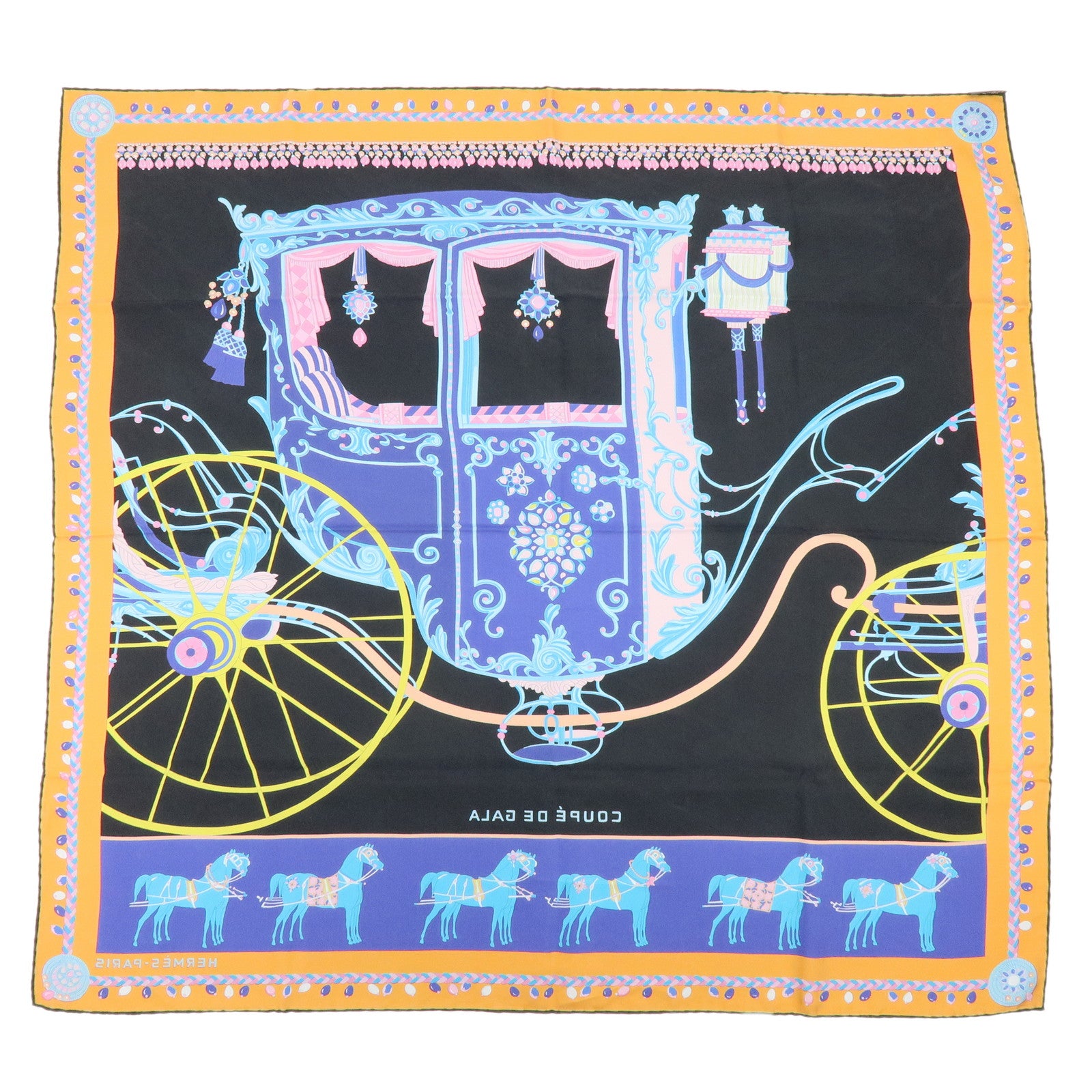 HERMES Carre 90 Silk 100% Scarf COUPE DE GALA Black Orange Blue