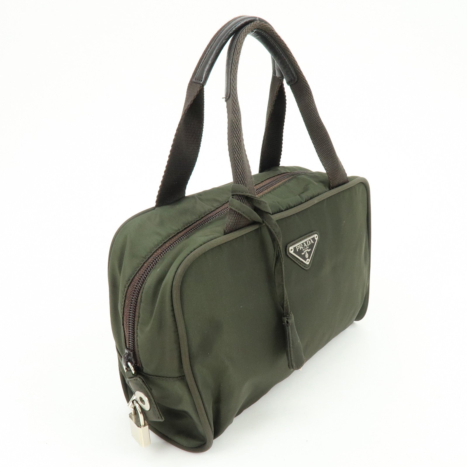 PRADA Triangle Logo Nylon Leather Hand Bag Tote Boston Bag Khaki