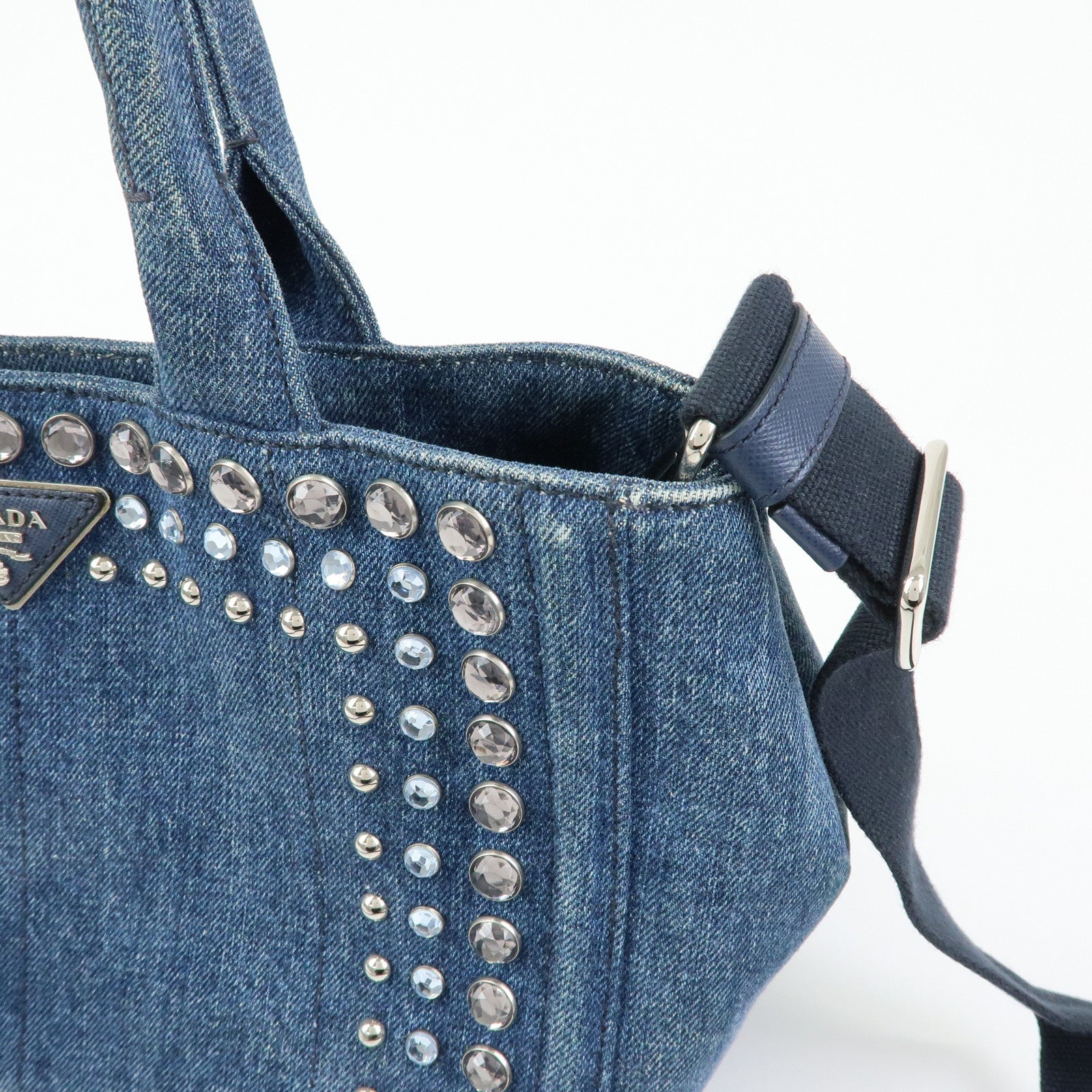 PRADA Canapa Triangle Logo Denim 2Way Bag Hand Bag Blue 1BG439