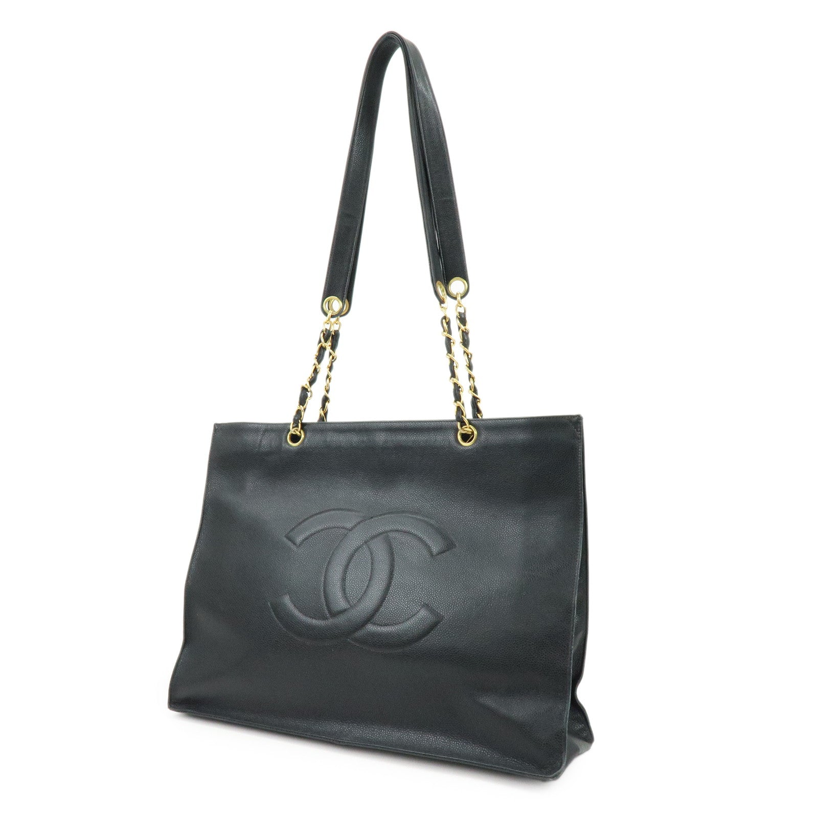 CHANEL COCO Mark Caviarskin Tote Bag Chain Shoulder Bag Black