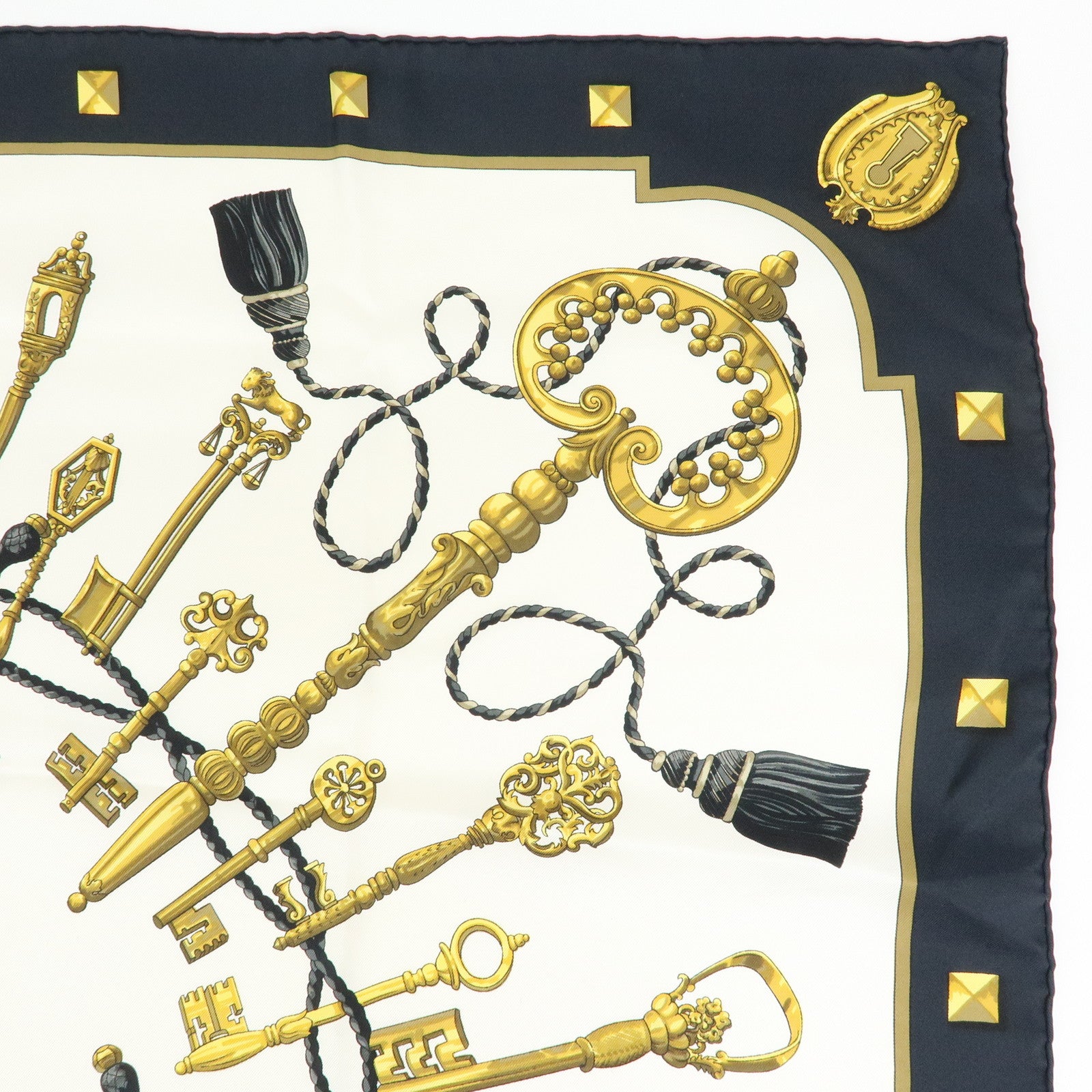 HERMES Carre 90 Silk 100% Scarf LES CLES THE KEYS RARE Black White
