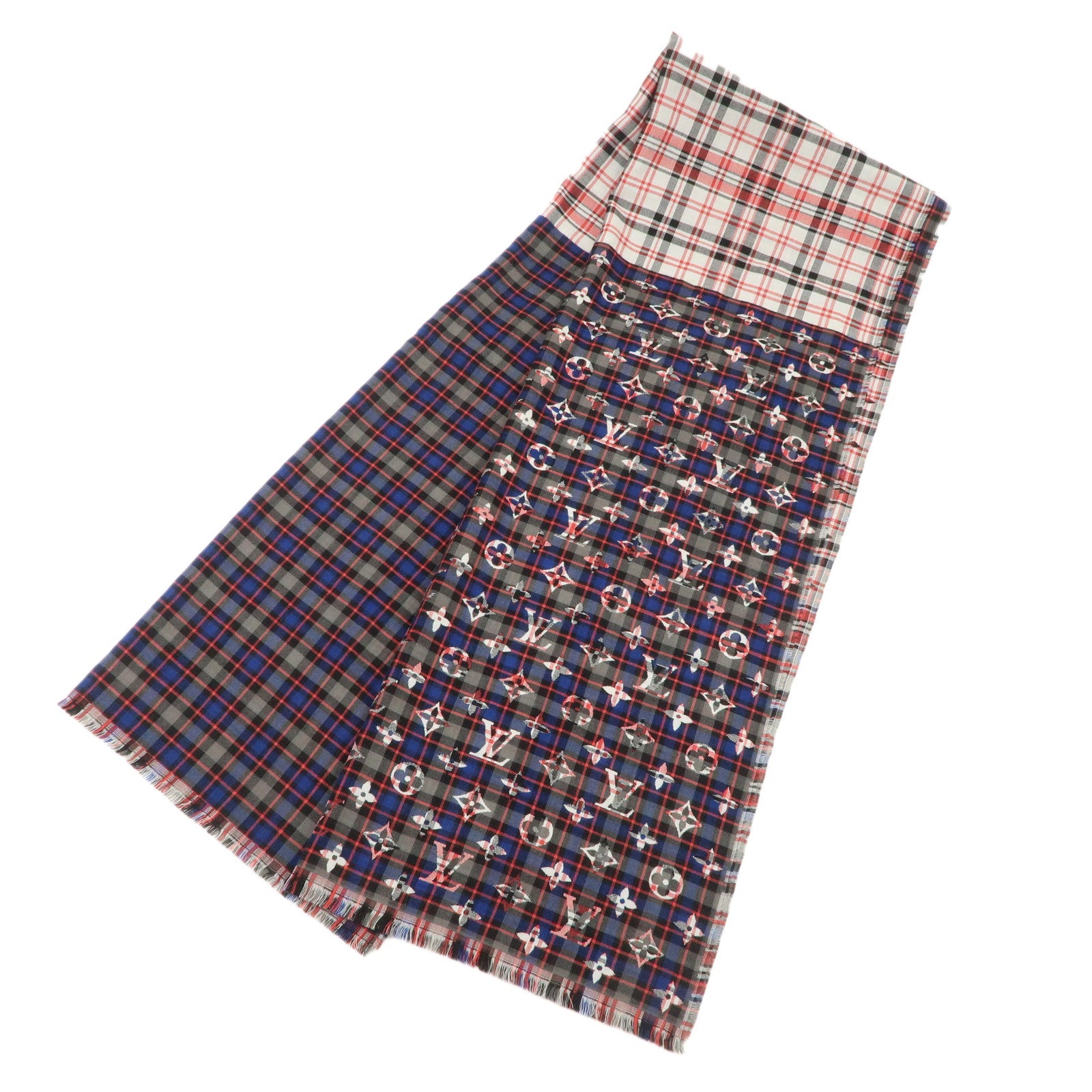 Louis Vuitton Etole Monogram Wool Silk Scarf Plaid Black Red M70333