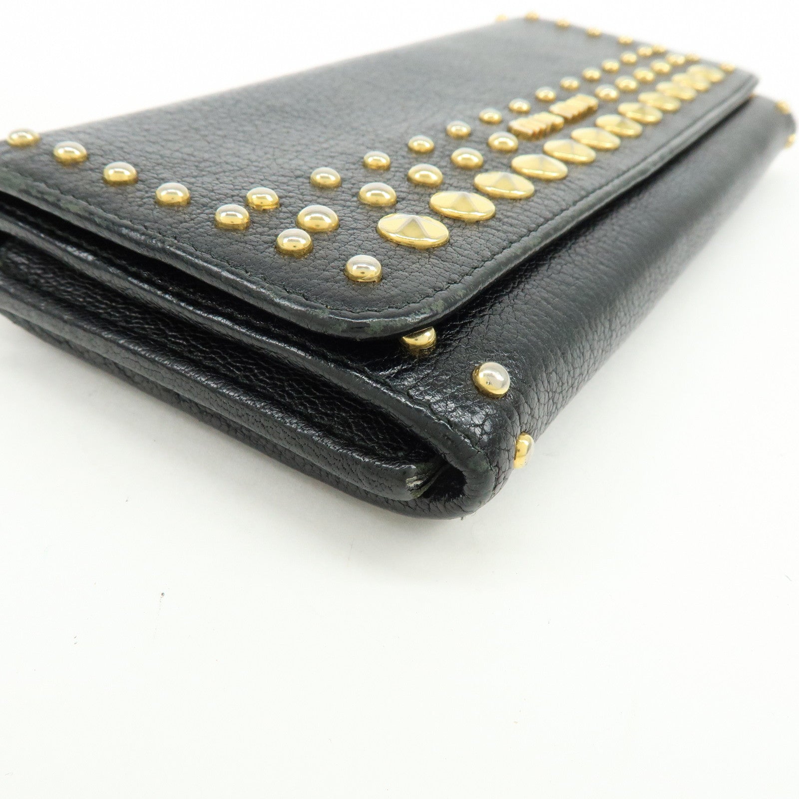 MIU MIU Logo Leather Studs Flap Long Wallet Black 5M1109