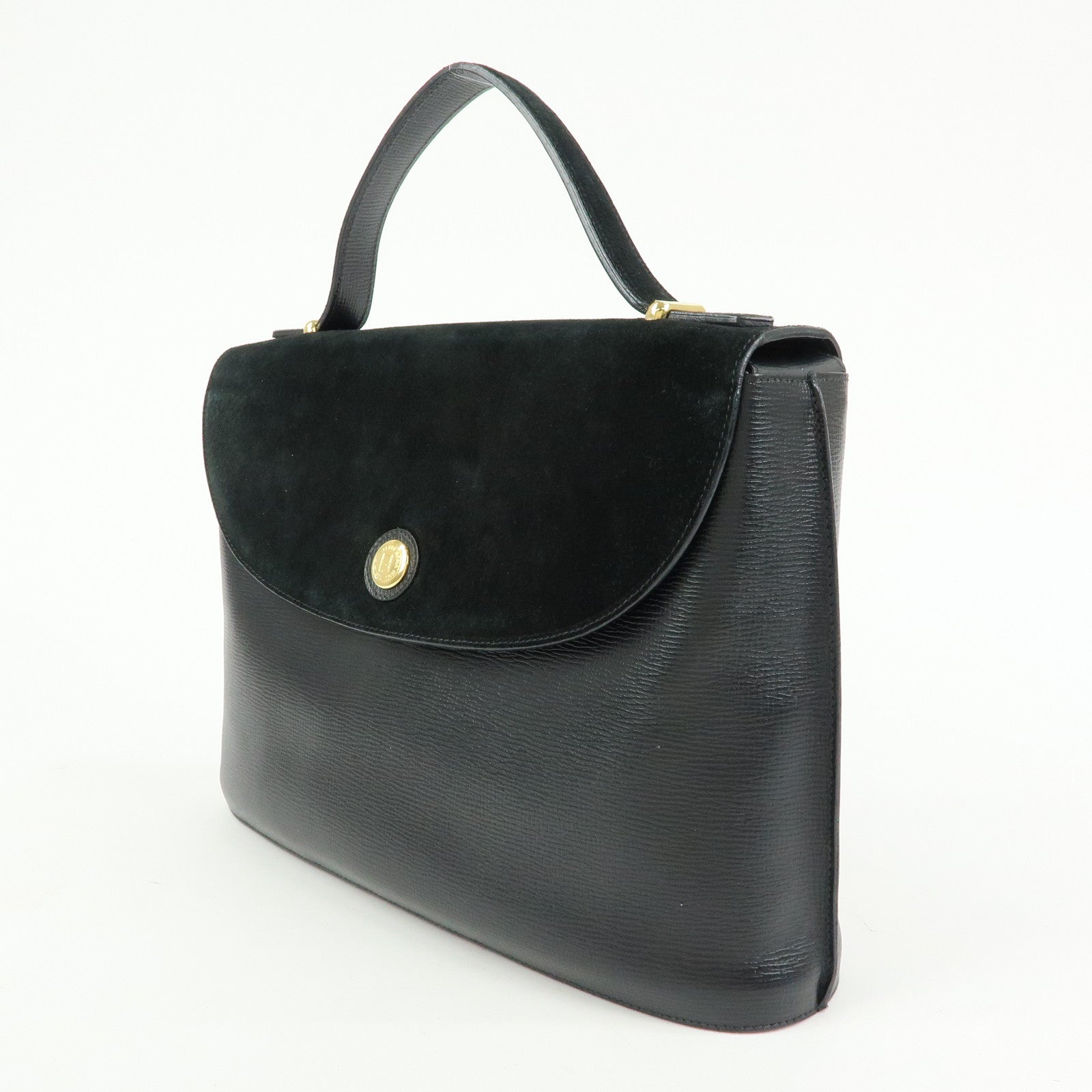 FENDI Top Handle Leather Suede Hand Bag Black 12897