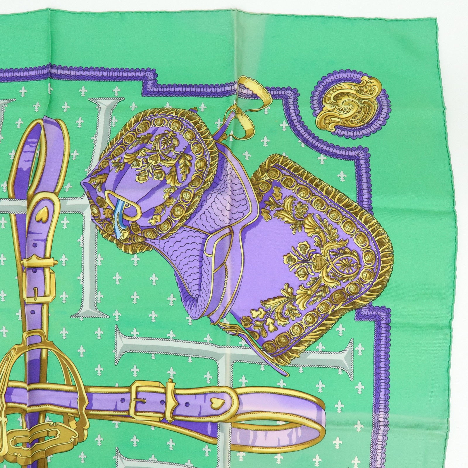 HERMES Carre 90 Set of 2 Silk 100% Scarf Navy Ivory Green Purple