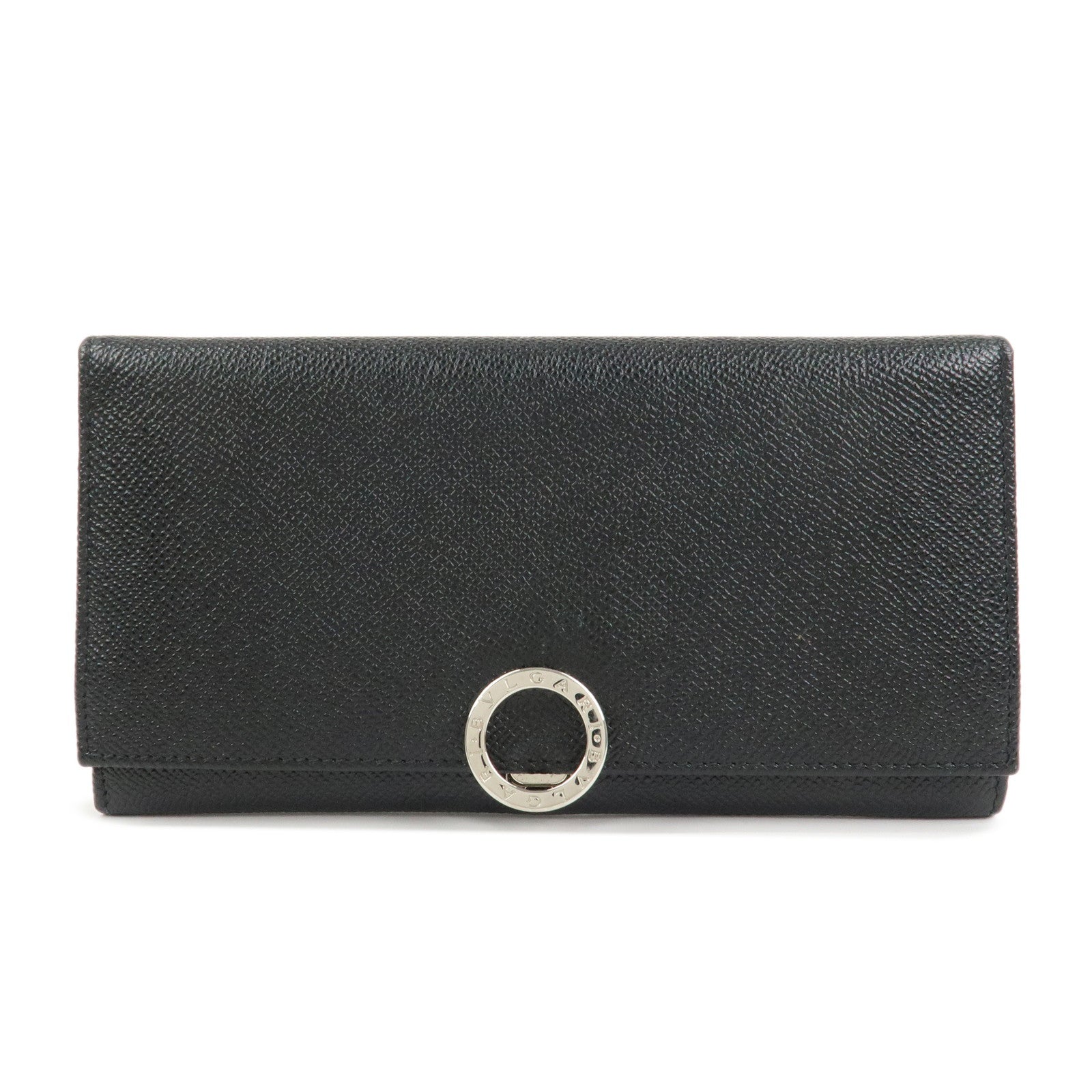 BVLGARI Logo Leather Bi-fold Long Wallet Black Silver