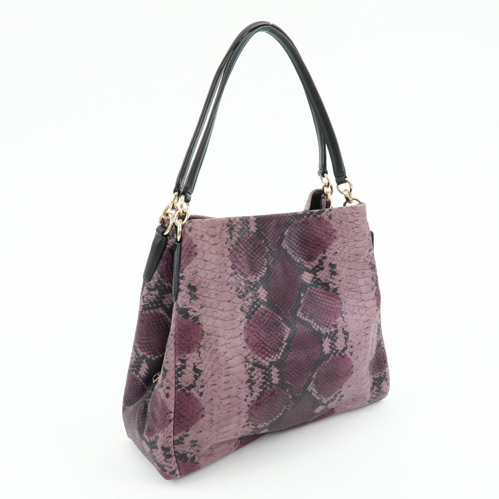 COACH Embossed Leather Python Print Shoulder Bag Purple Black