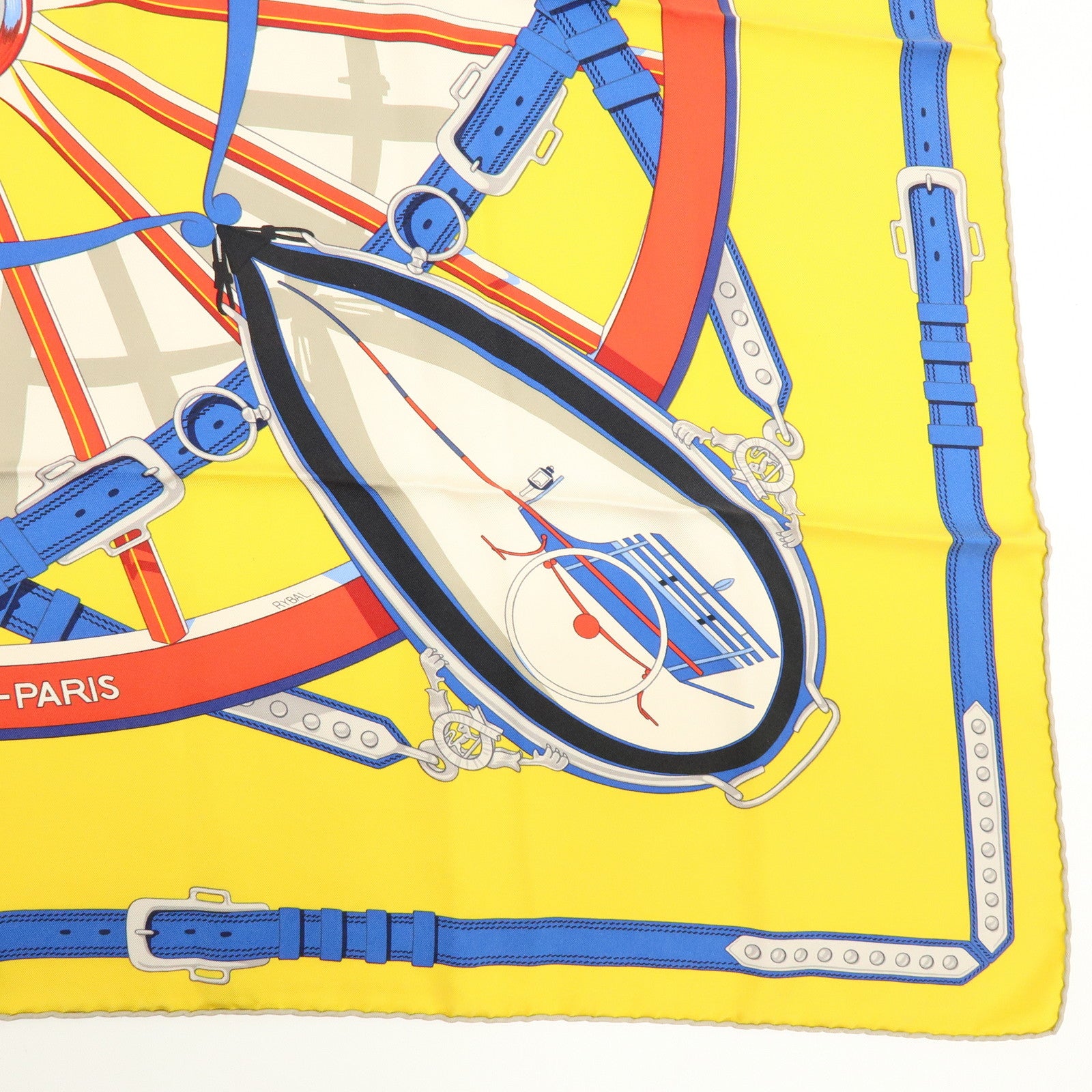 HERMES Carre 90 Silk 100% Scarf En Roue Libre Belt Print Yellow