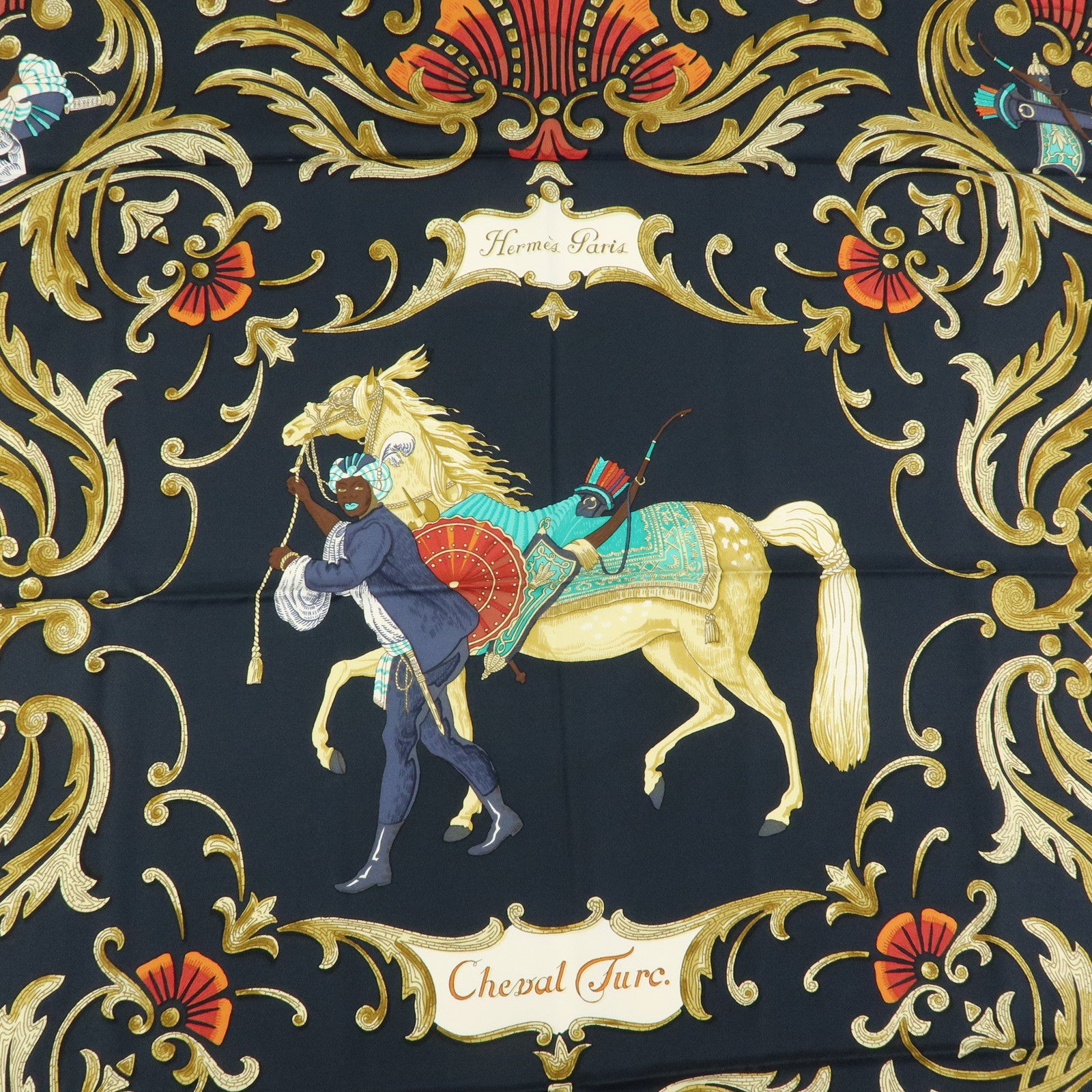 HERMES Carre 90 Silk 100% Scarf Cheval Jurc Blaqck Brown Red