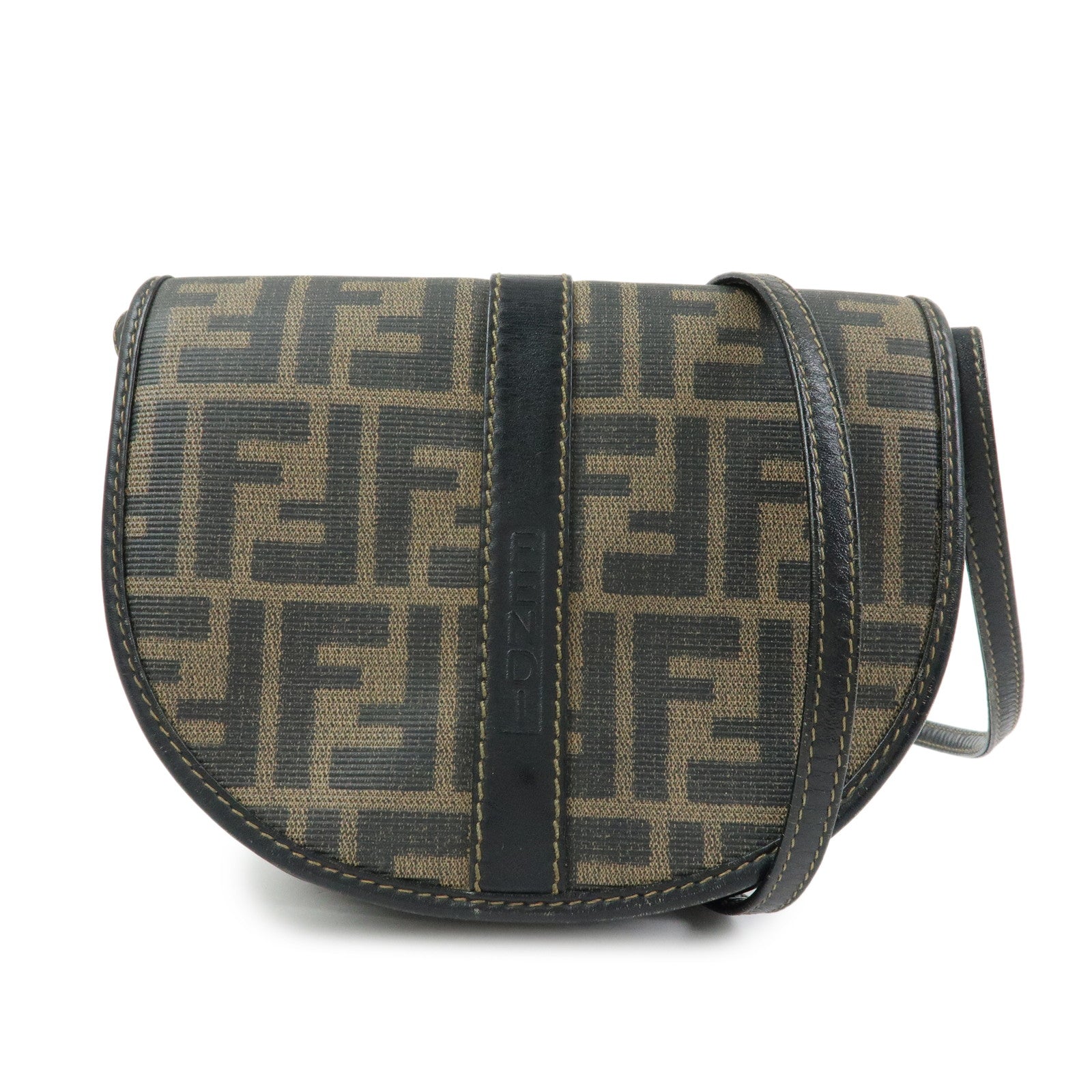 FENDI Zucca PVC Leather Canvas Shoulder Bag Brown Black