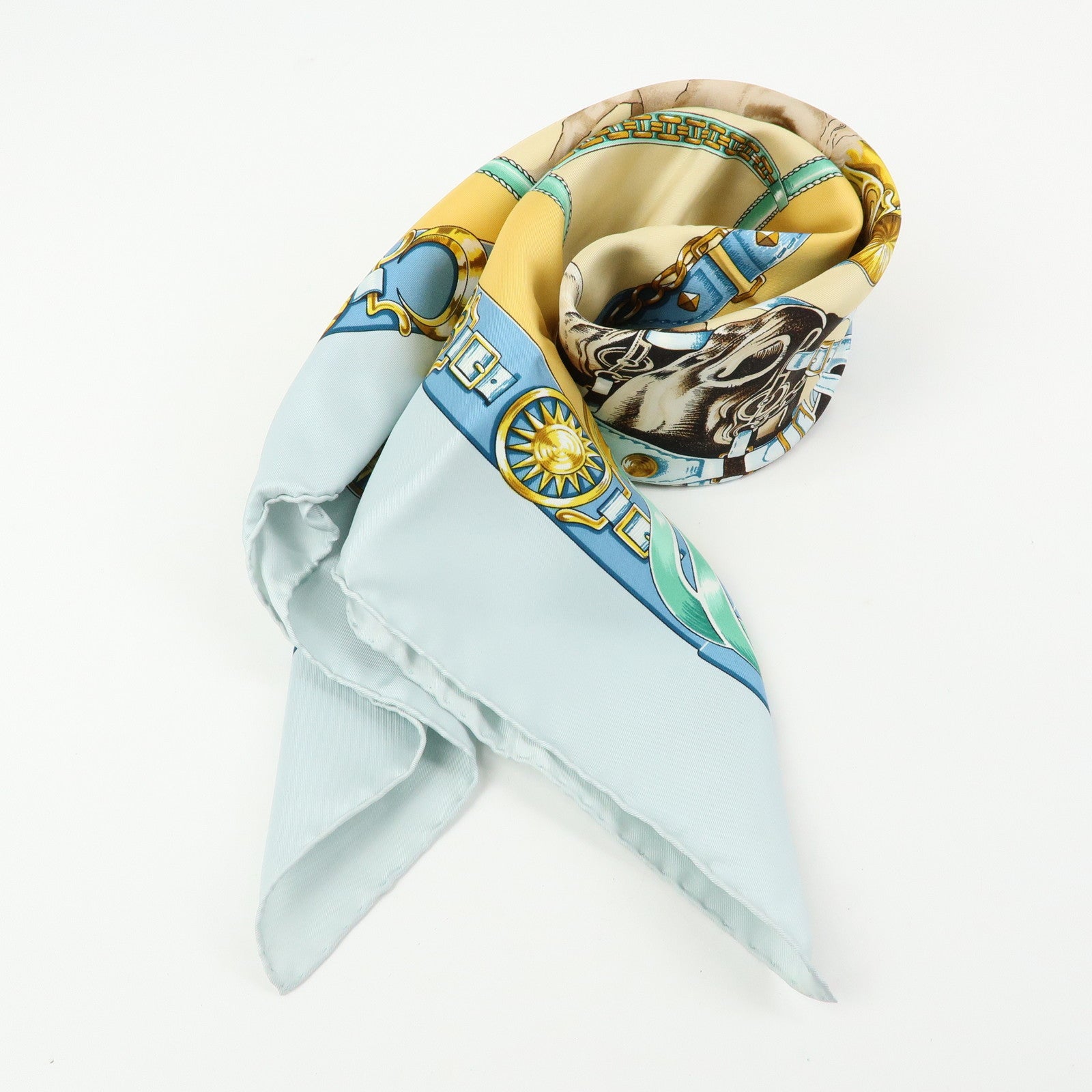 HERMES Carre 90 Silk 100% Scarf CHEVAUX DE TRAIT Light Blue Yellow
