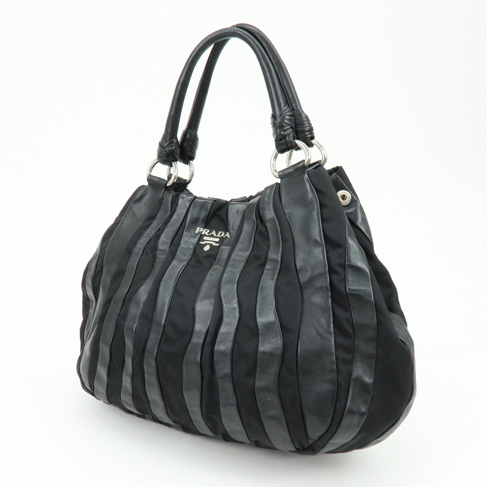 PRADA Logo Leather Nylon Tote Bag Shoulder Bag Black BR3994