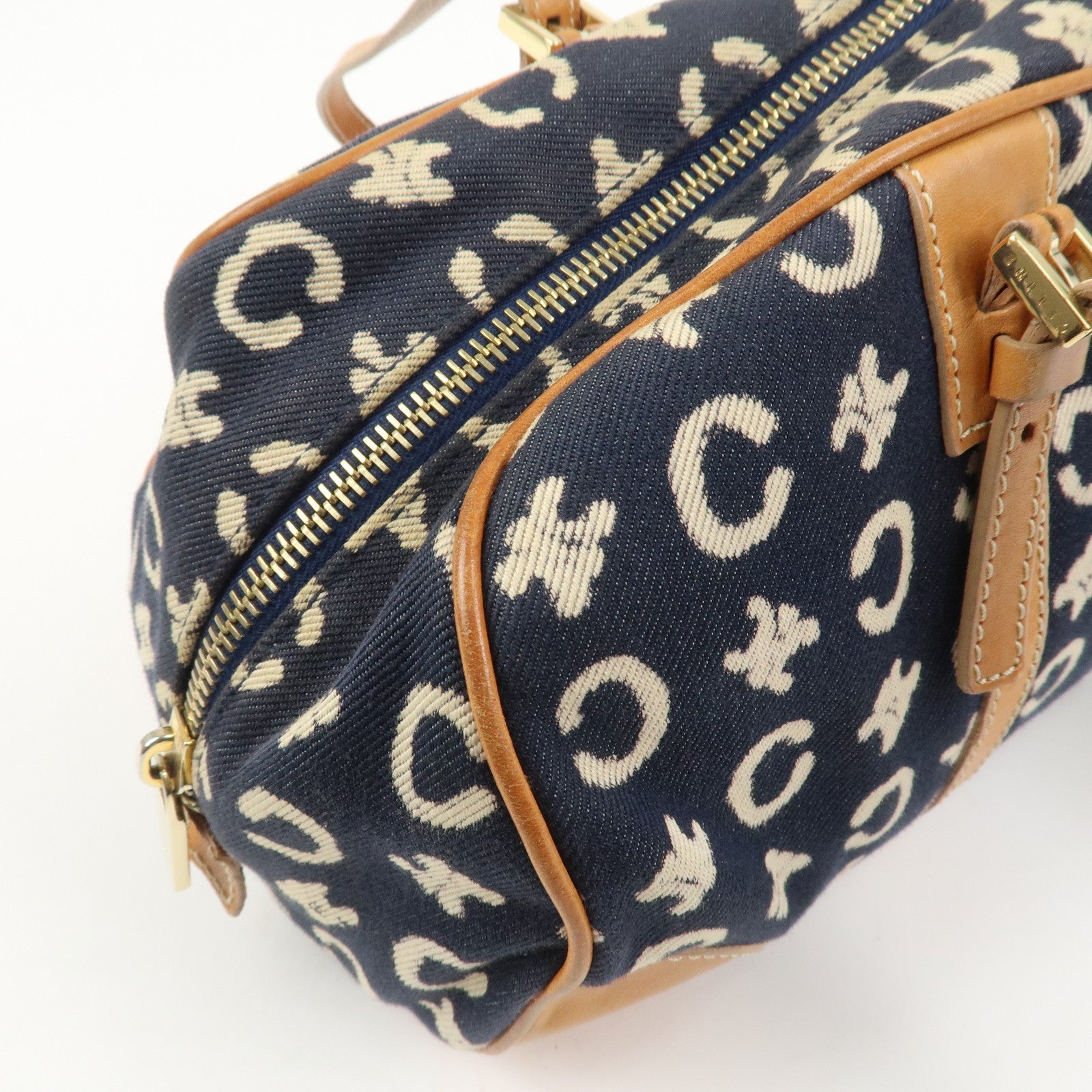 CELINE C Macadam Canvas Leather Shoulder Bag Hand Bag Navy
