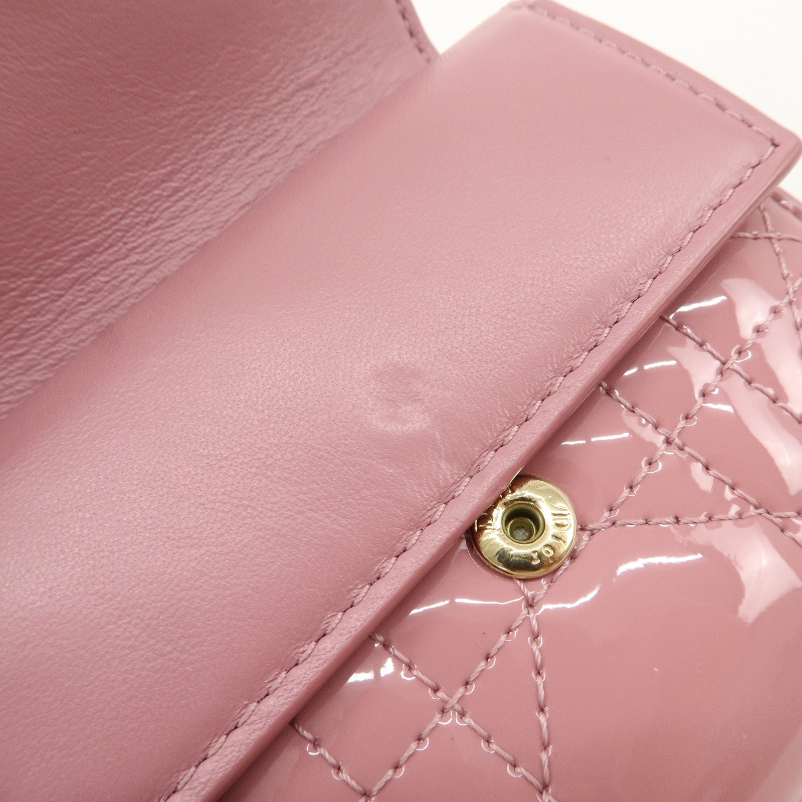 Christian Dior Lady Dior Cannage Patent Leather Tri-fold Wallet Pink Used