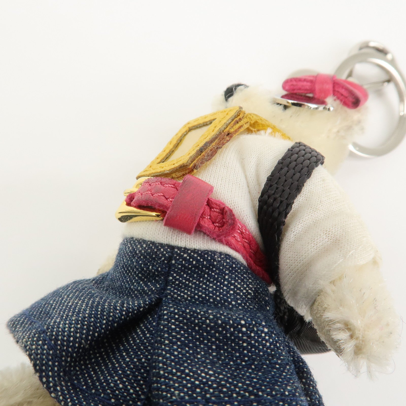 PRADA Triangle Logo Teddy Bear Bag Key Charm Denim Multicolor
