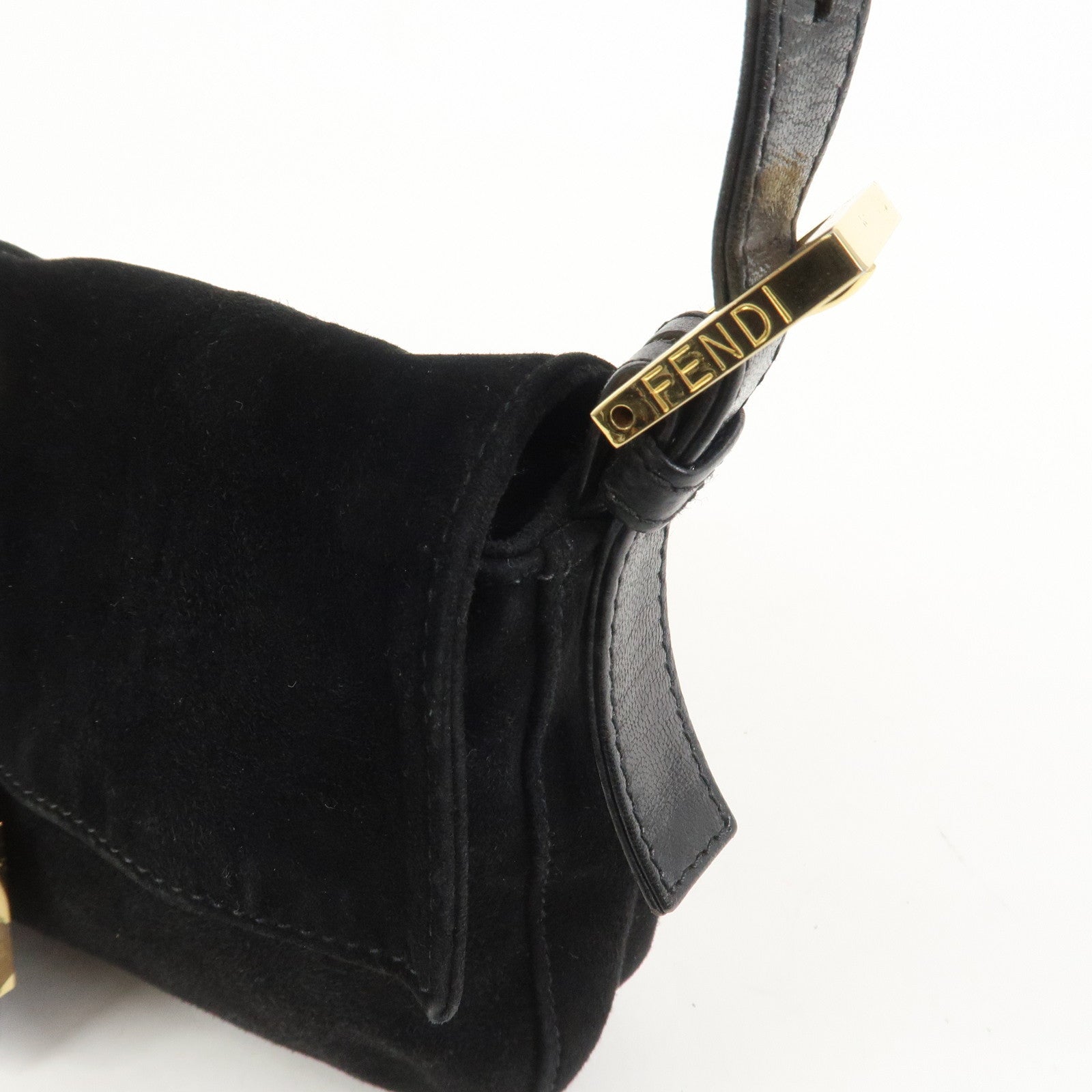 FENDI Mamma Baguette Logo Suede Shoulder Bag Black 26424