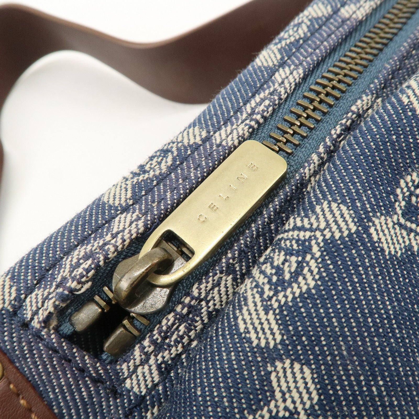 CELINE Macadam Waist Bag Denim Navy Dark Brown Gold HDW Used