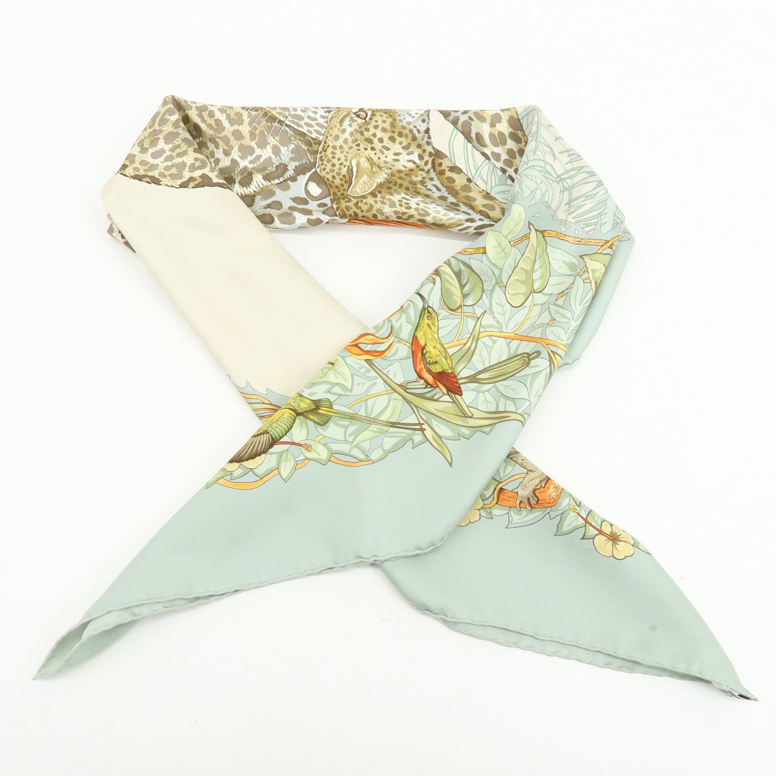 HERMES Carre 90 Silk 100% Scarf JUNGLE LOVE Light Green Ivory