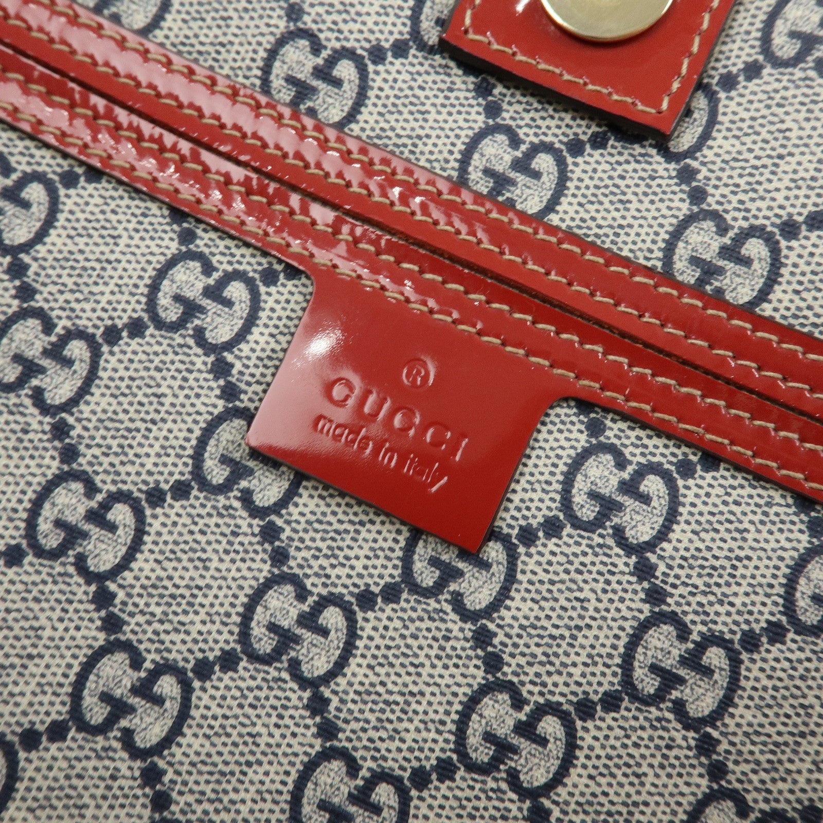 GUCCI JOY Collection GG Supreme Patent Leather Tote Bag Navy Red