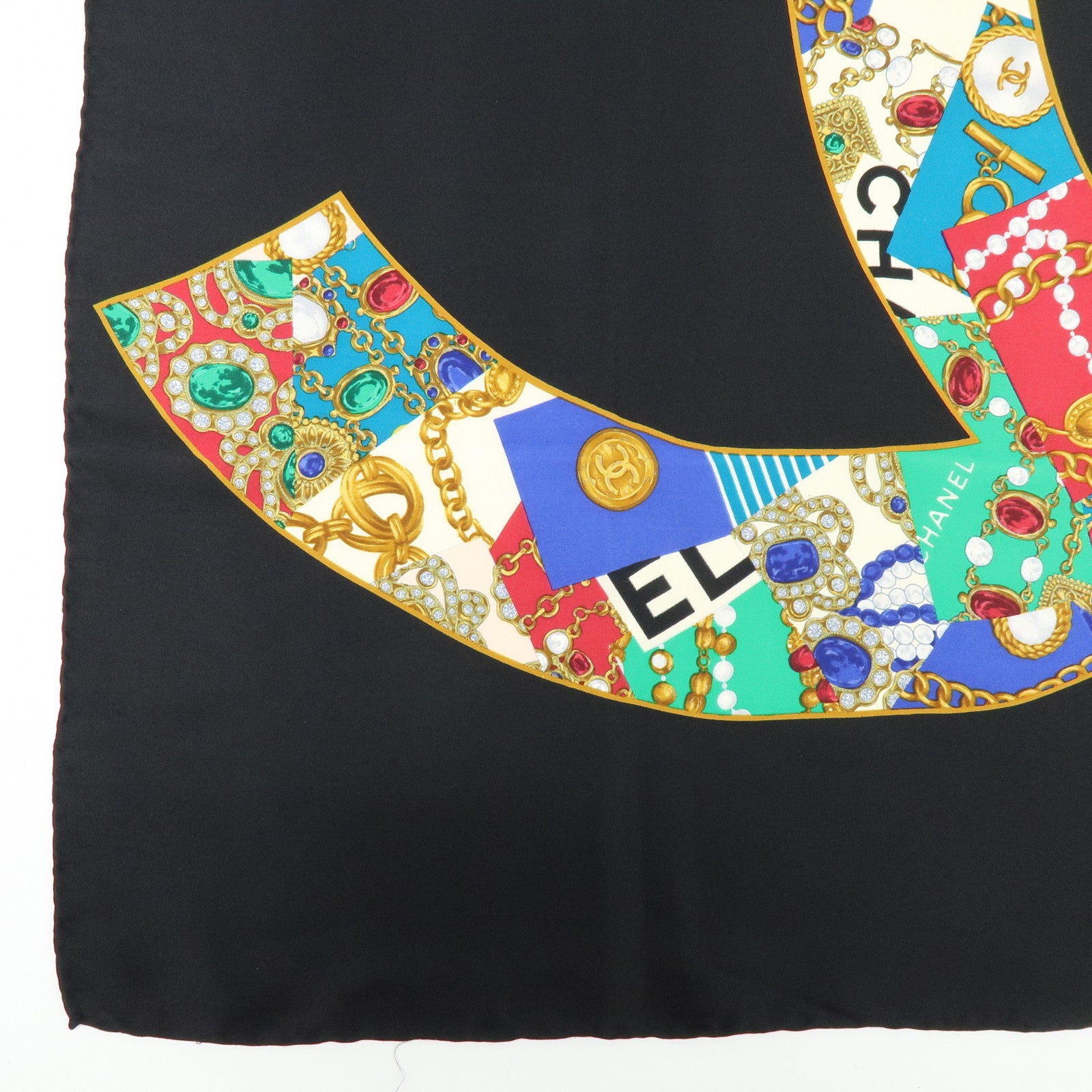 CHANEL COCO Mark Silk 100% Scarf Black Multicolor