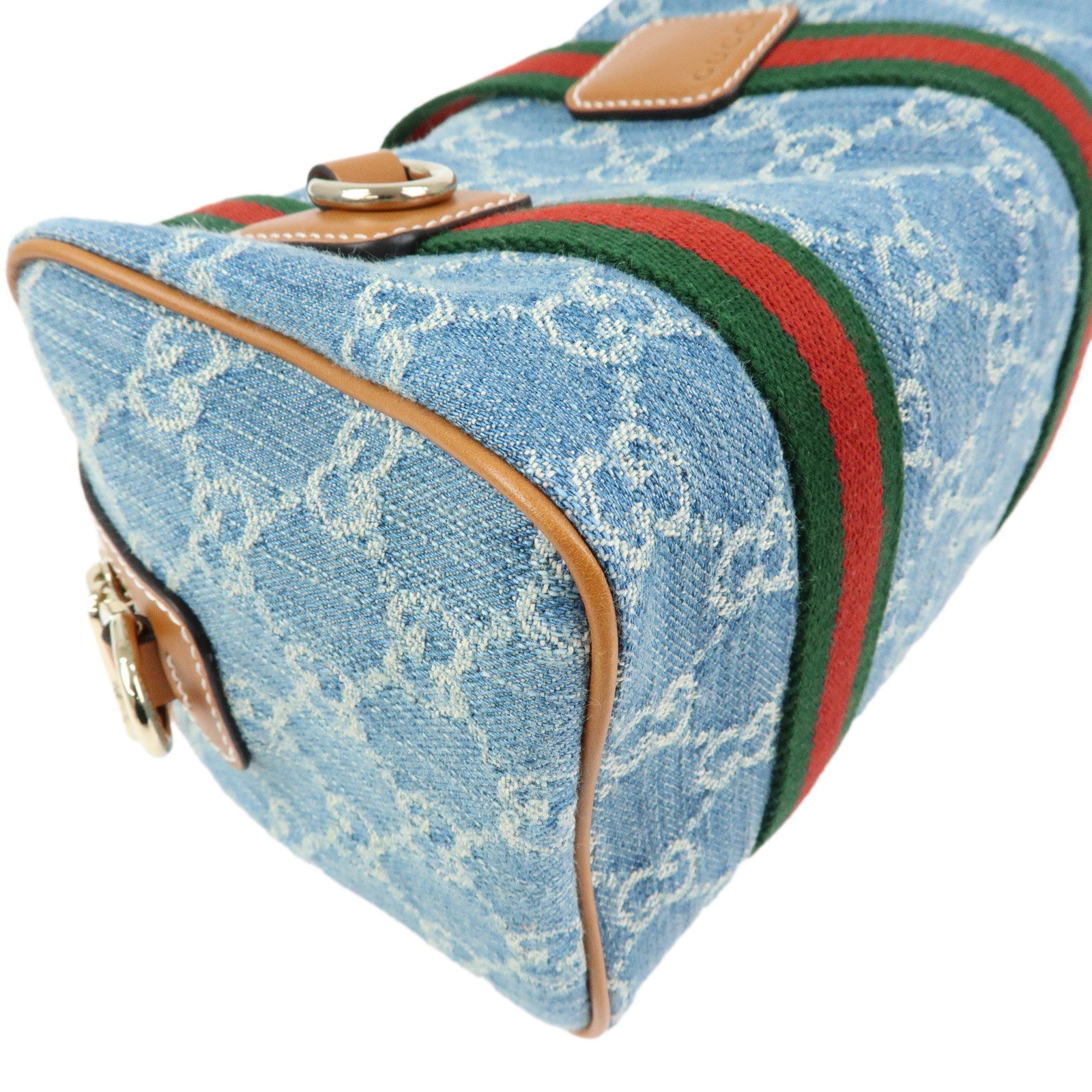 GUCCI Sherry GG Denim Leather 2Way Boston Bag Blue Brown 859975